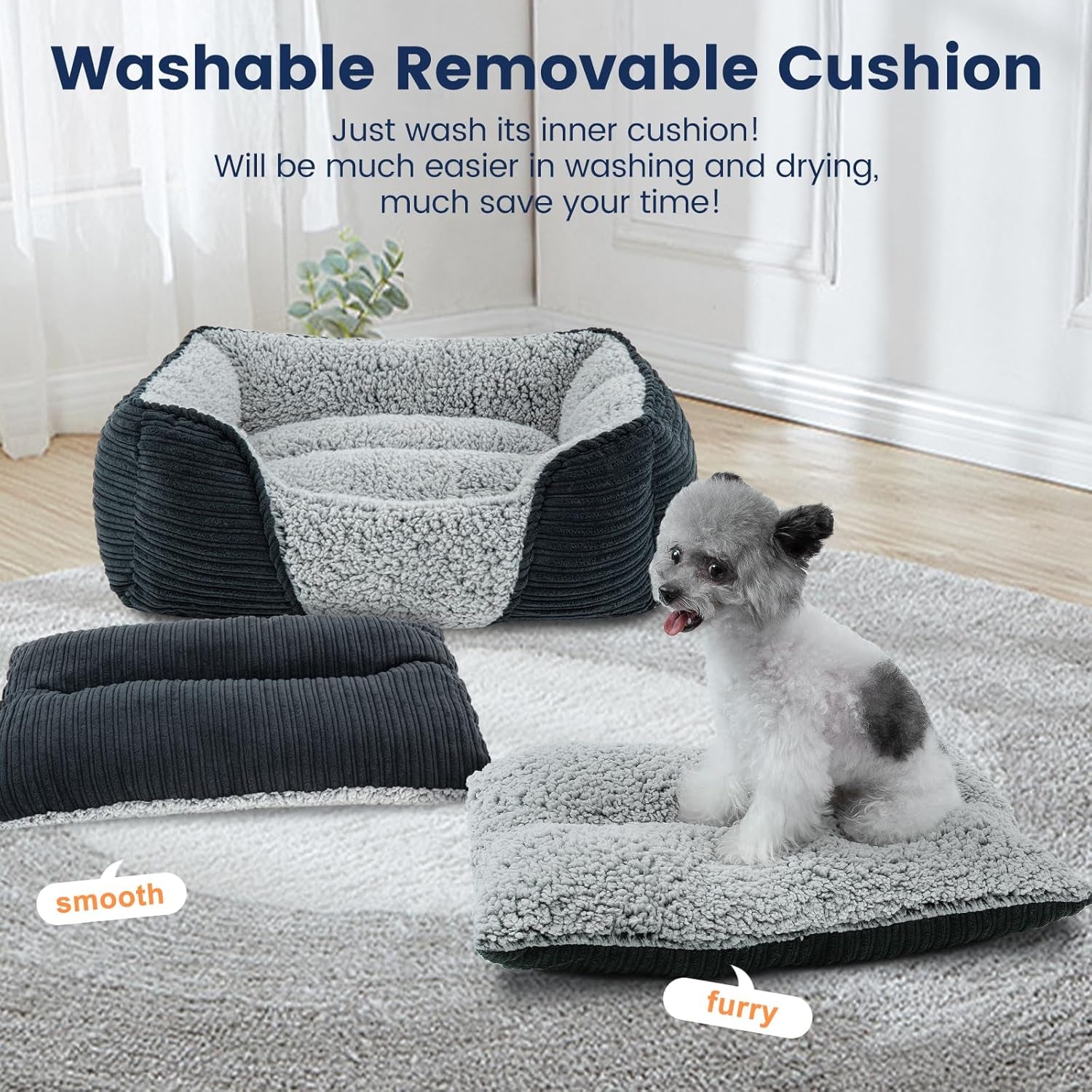 Miguel Washable Dog Bed with Removable Cushion – Easy-to-Wash Small Dog Sofa Bed, Anti-Slip Bottom & Bolstered Calming Cuddle Design