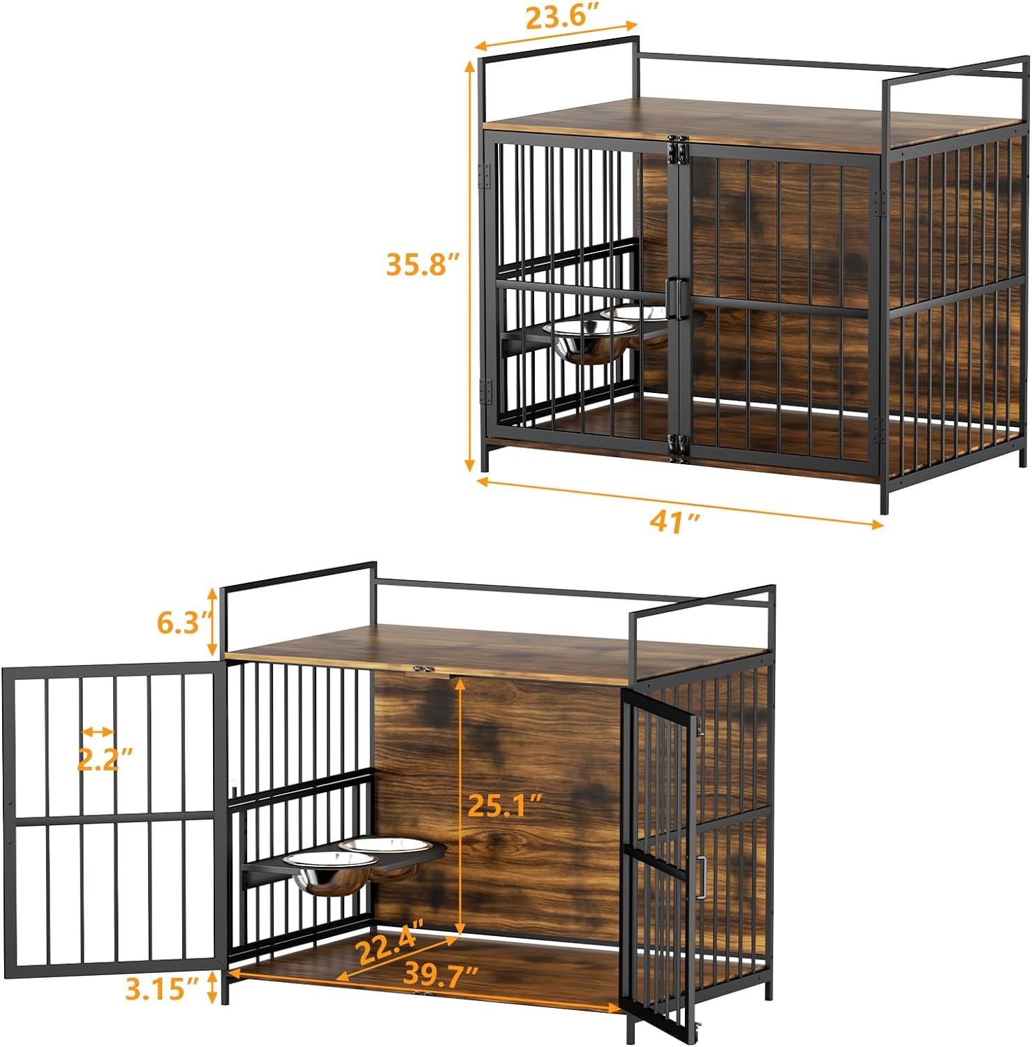 ROOMTEC Furniture Style Large Dog Crate with 360° Adjustable Feeder - Classic Brown End Table Crate with 2 Stainless Steel Bowls, 41"x24"x36"