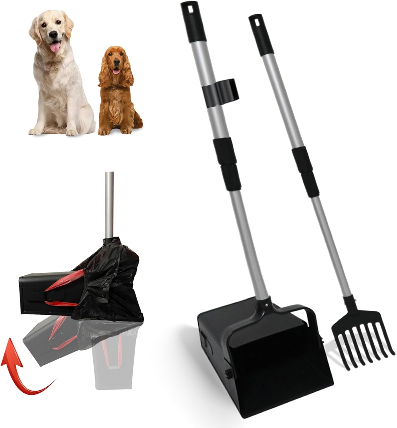 Large Pooper Scooper Swivel Bin & Rake, Dog Waste Scoop with Lid & 20 Bags, Adjustable Long Handle