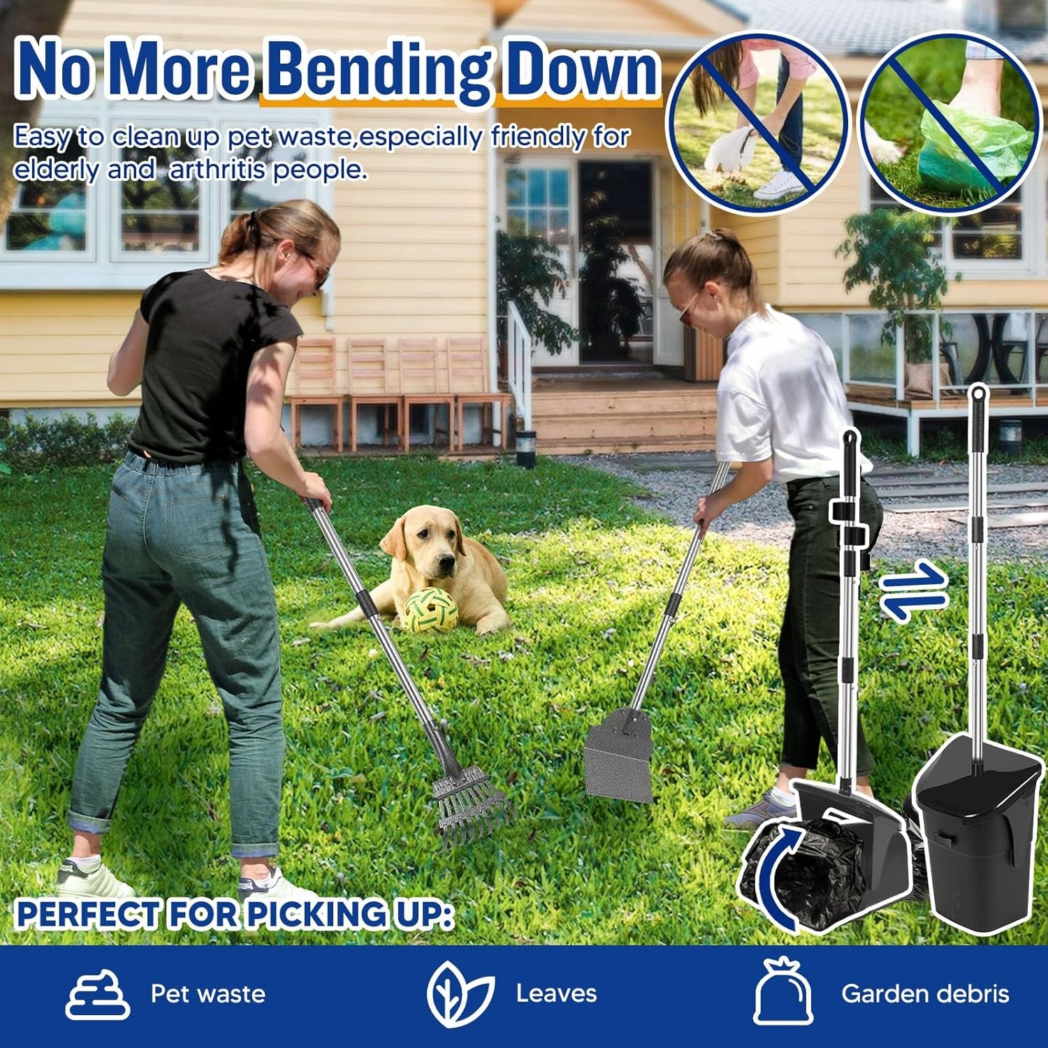 Dog Pooper Scooper Swivel Bin & Rake Set with Spade & 20 Bags, Long Handle Scoop