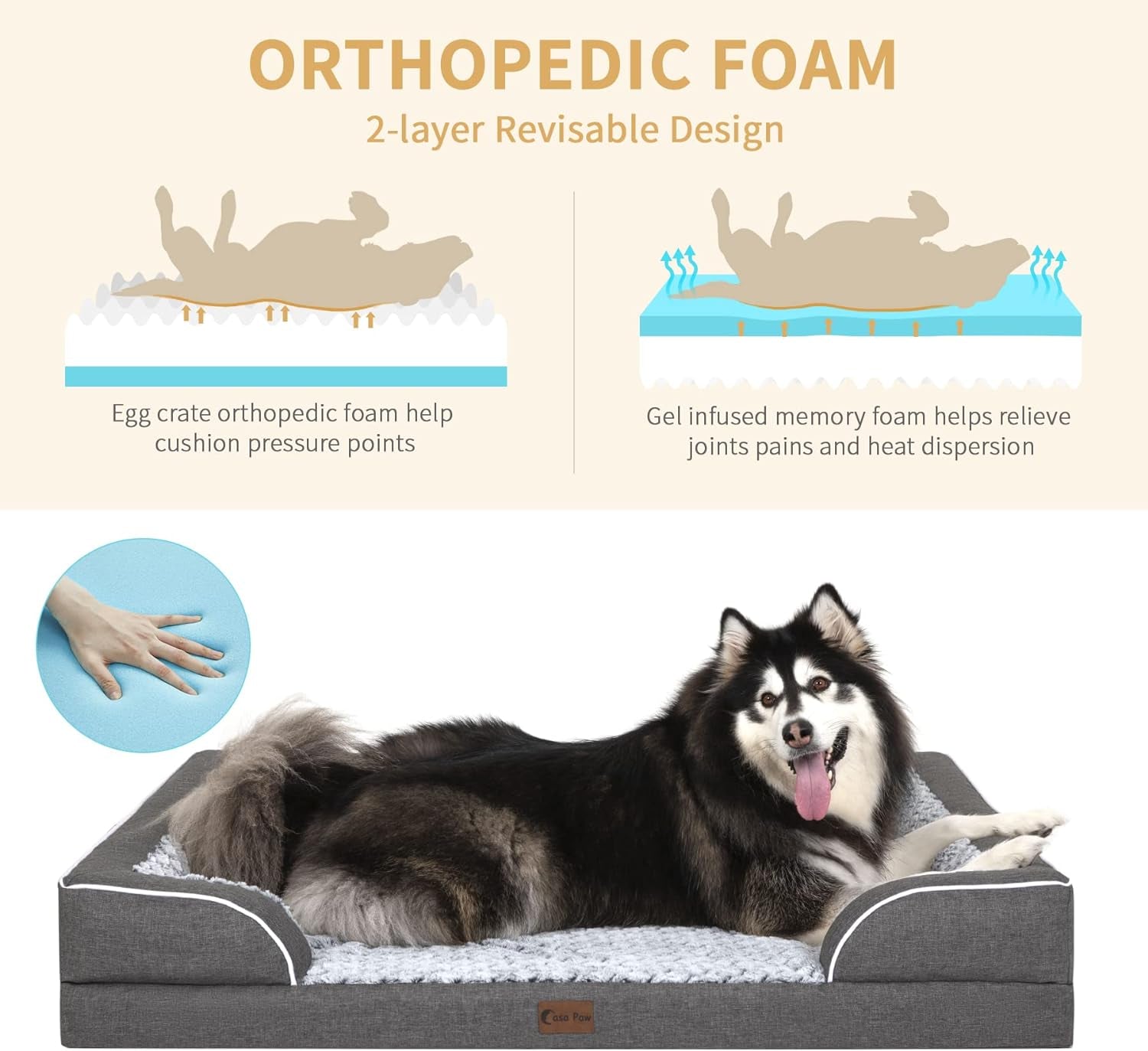 Memory Foam XL Dog Bed with Bolsters, Cooling, Waterproof, Orthopedic - Light & Dark Grey