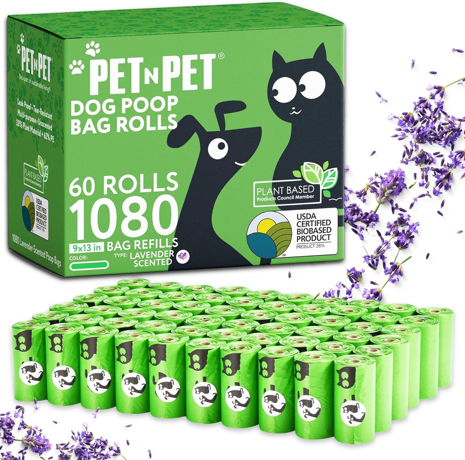 Dog Poop Bags - 38% Plant-Based, Leak-Proof, Unscented Waste Bags, Extra Thick