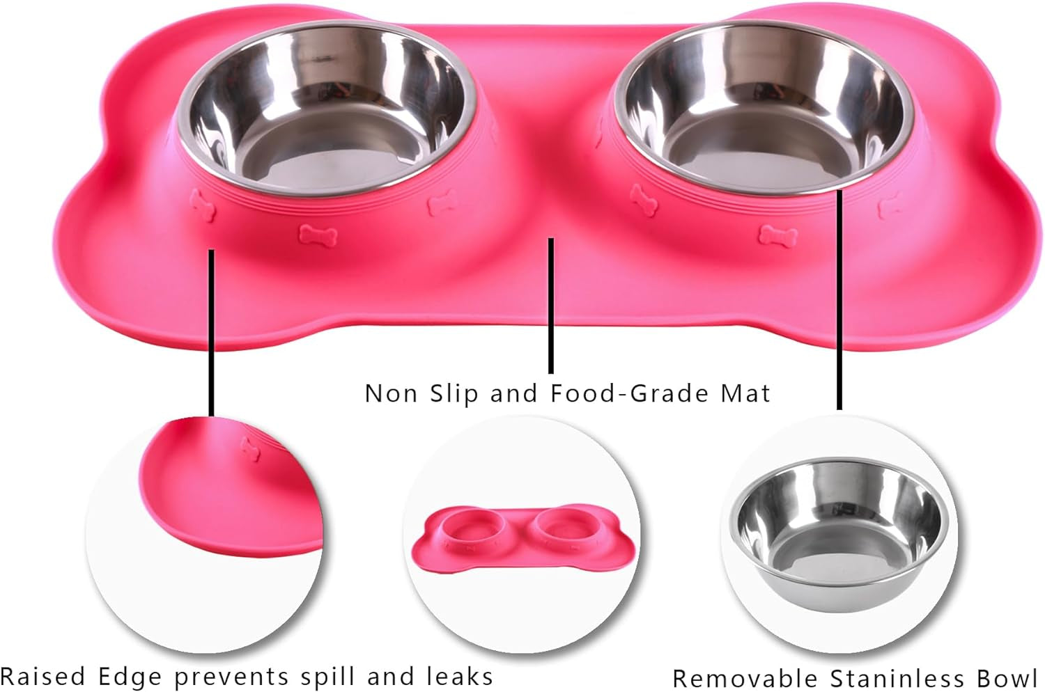 Hubulk 2 Stainless Steel Dog Bowls with Non-Skid Silicone Mat - Small, Pink, Includes Food Scoop