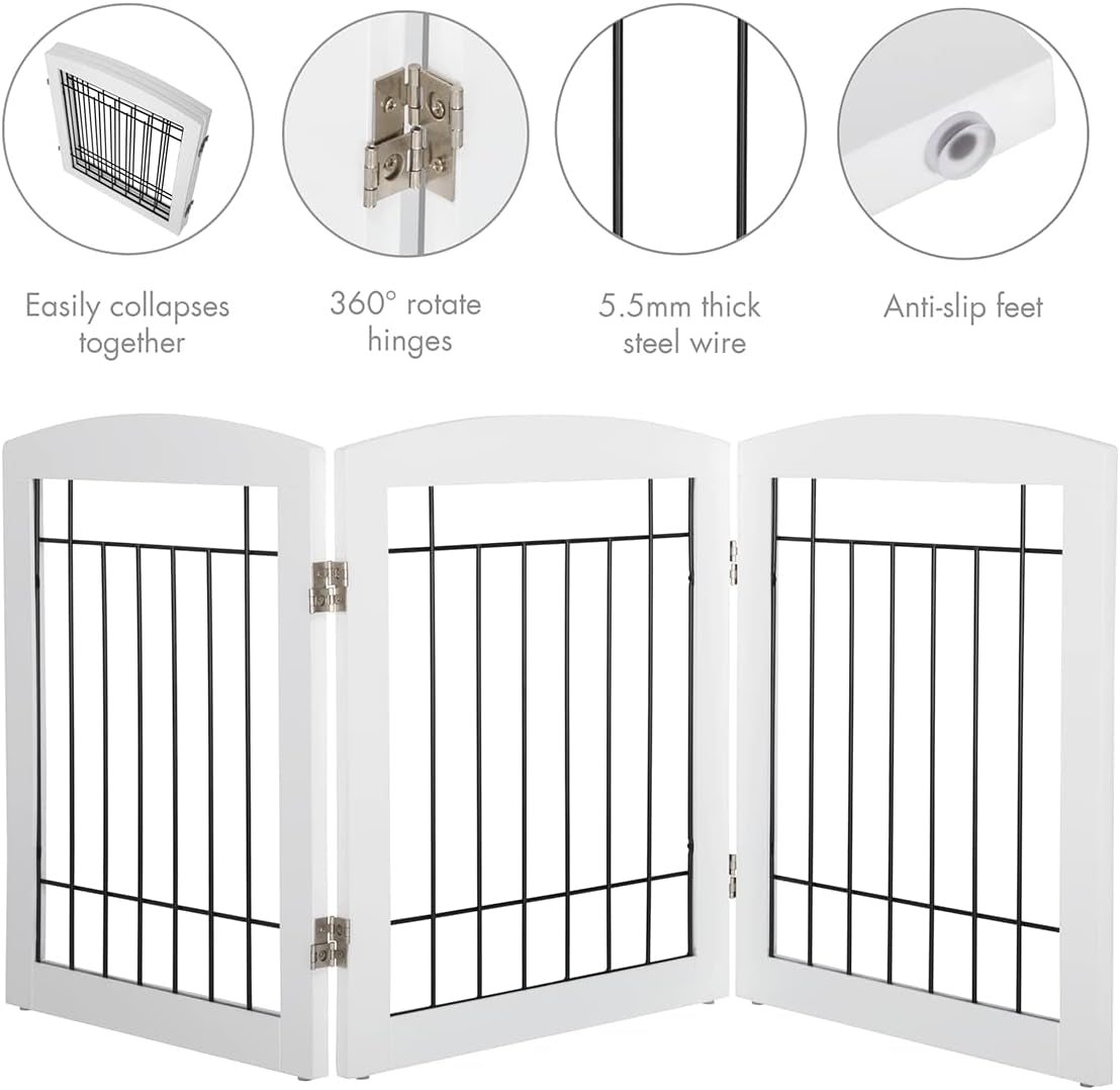 3-Panel Foldable White Wooden Dog Gate - Free Standing Indoor Barrier for Stairs & Doorways, Easy to Step Over