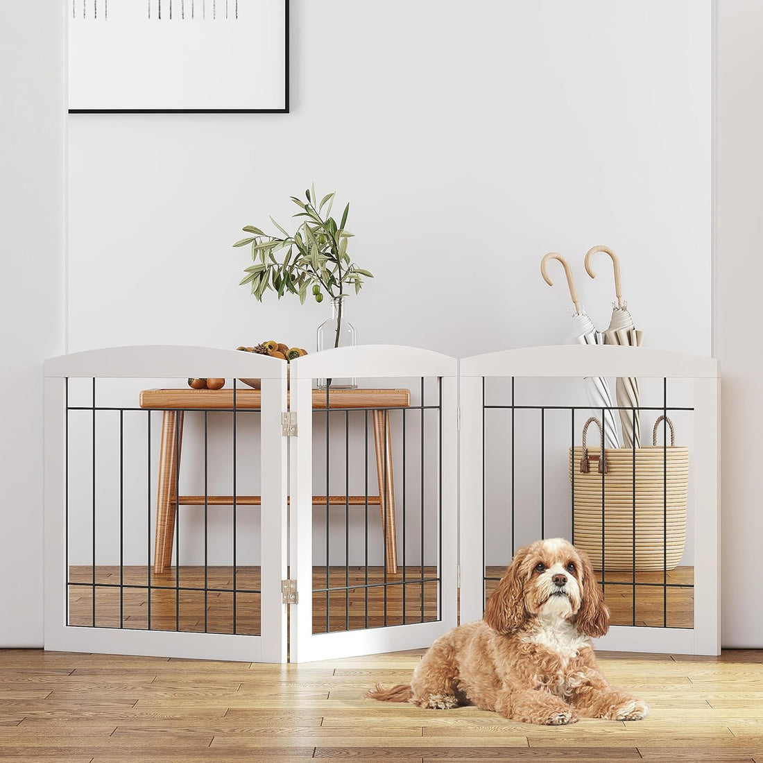 3-Panel Foldable White Wooden Dog Gate - Free Standing Indoor Barrier for Stairs & Doorways, Easy to Step Over