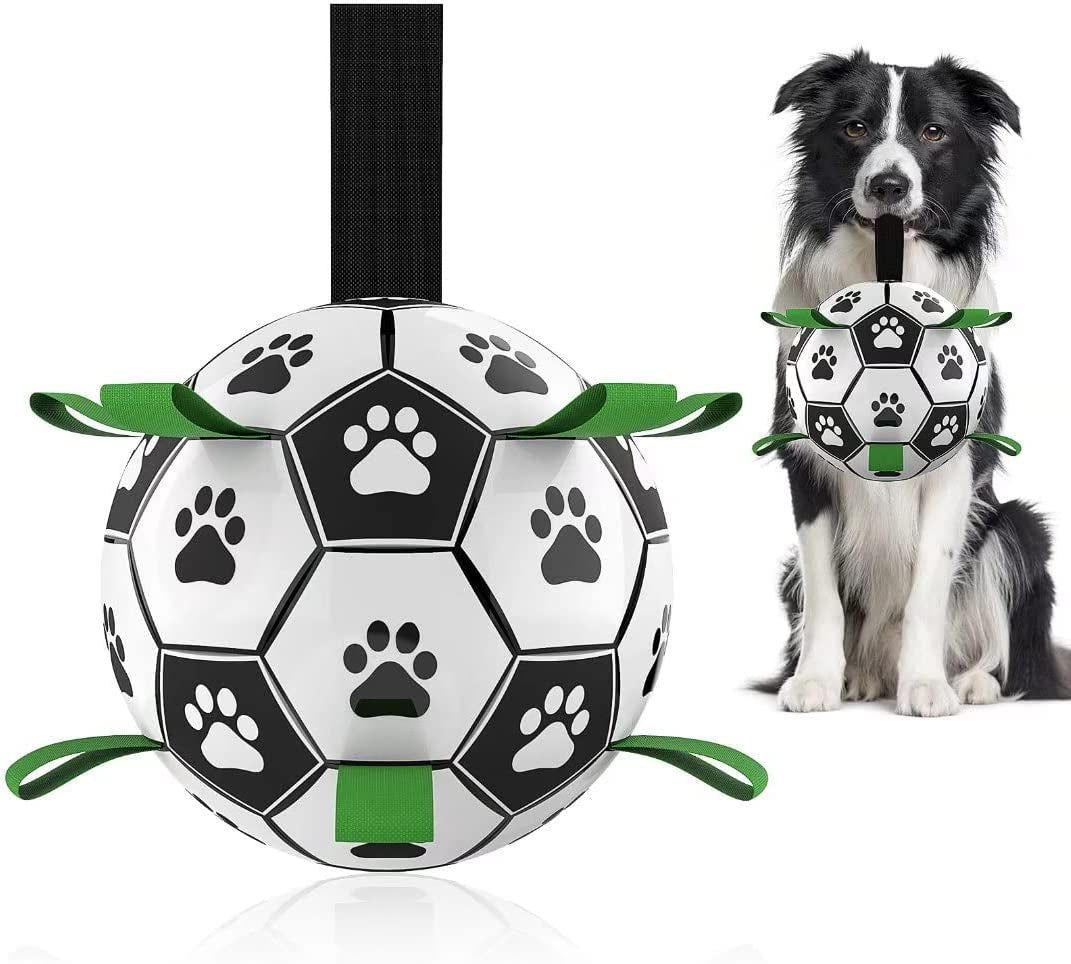 Dog Soccer Ball with Tug Straps, Interactive, Water Toy for Small & Medium Dogs - 6"