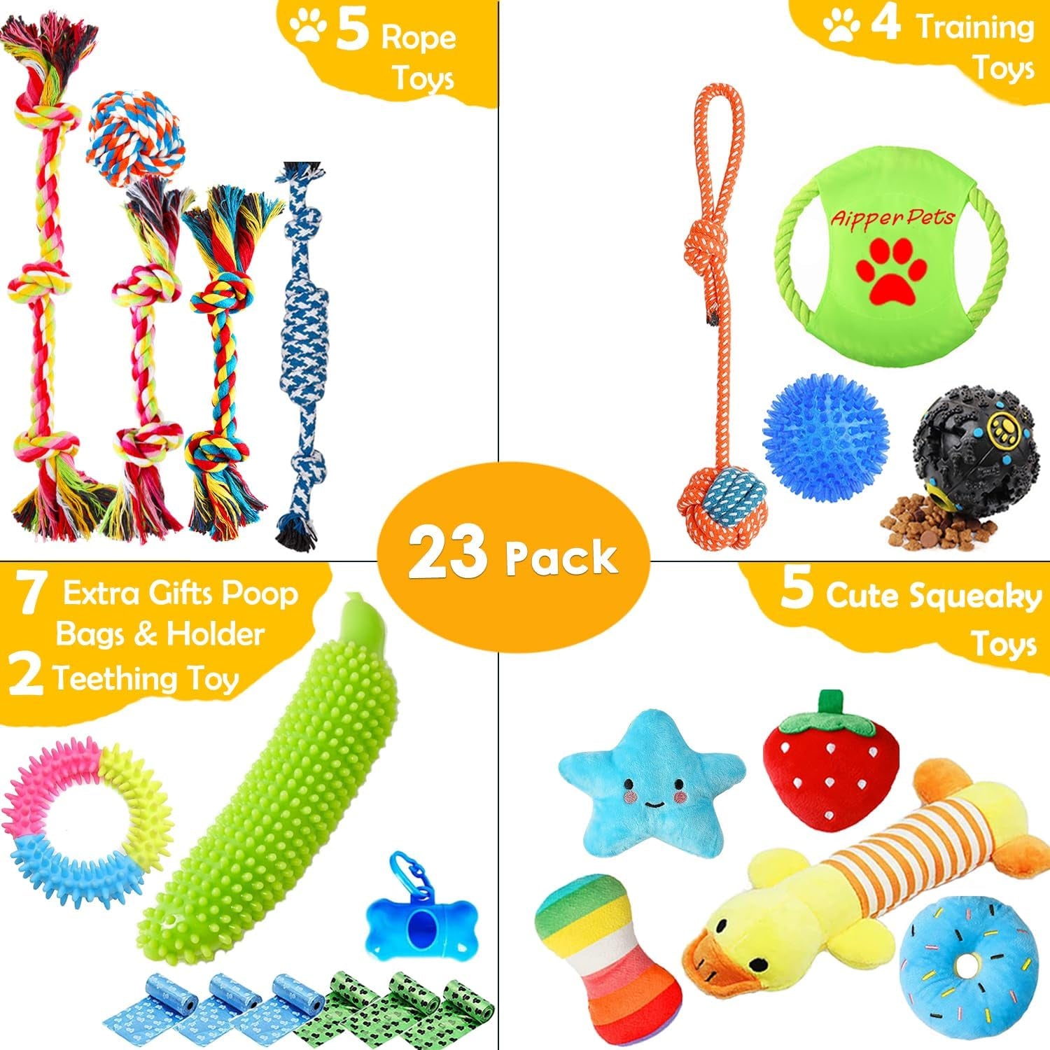 Dog Puppy 23-Pack Toys: Includes Chew, Squeak, Tug of War, and Treat Dispenser for Cleaning Teeth