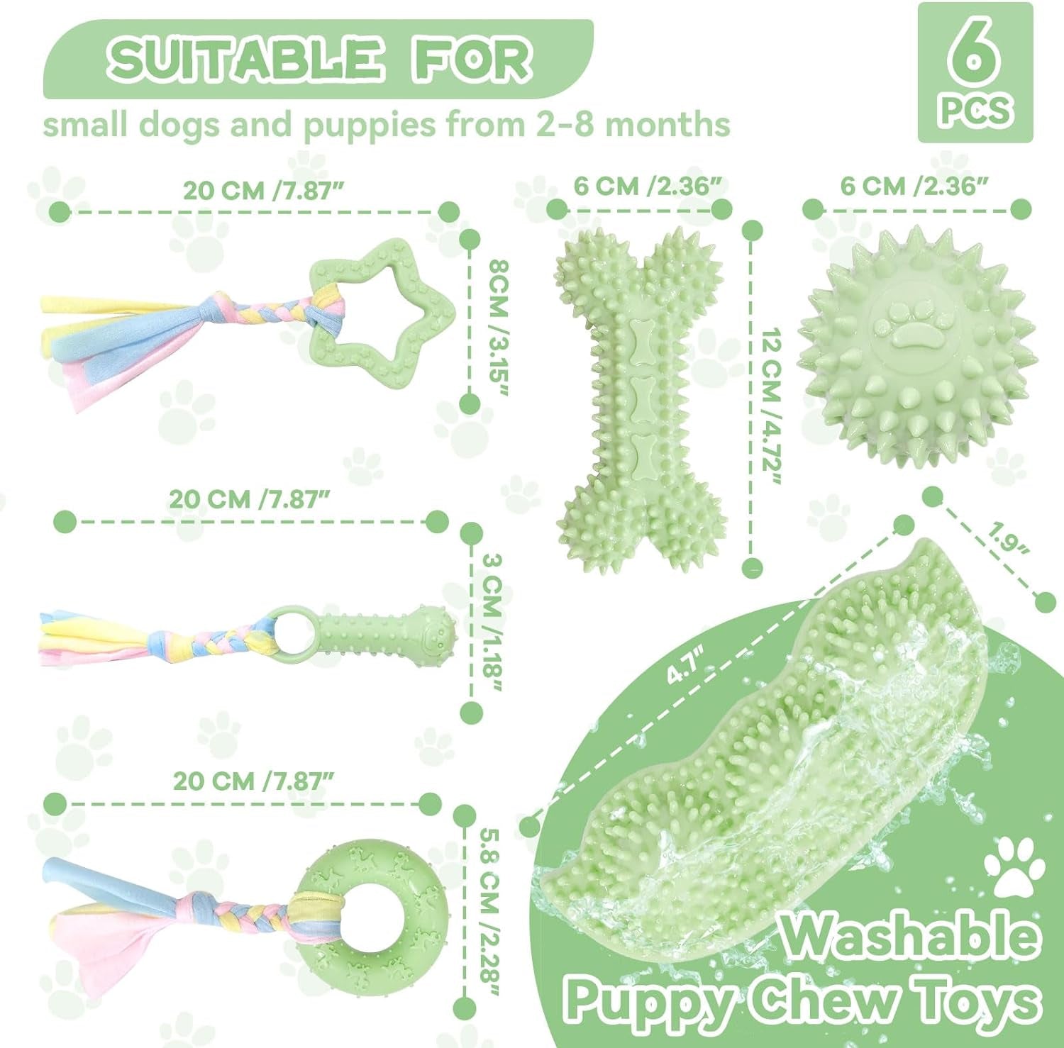 Puppy Teething Toy Set - 6 Pack Green Rubber Chew Toys for Small Breeds