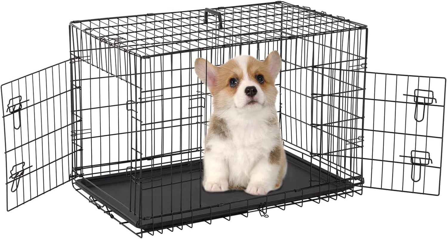 FDW Folding Metal Dog Crate with Double Door, Divider Panel & Leak-Proof Tray - Portable Kennel for Large Dogs,