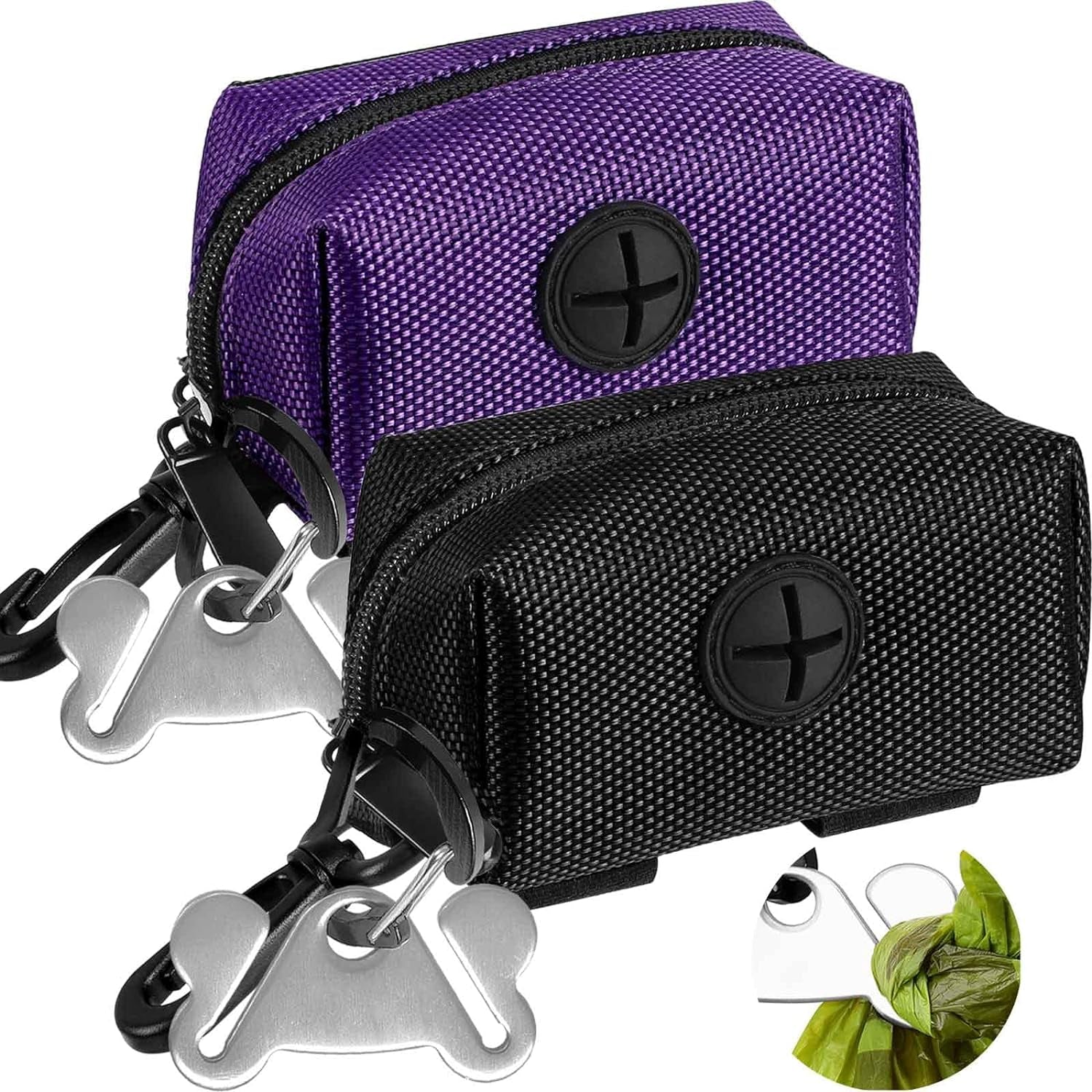 Dog Poop Bag Holder Set, Leash Attachment, Metal Carrier, Hands-Free Design - Black