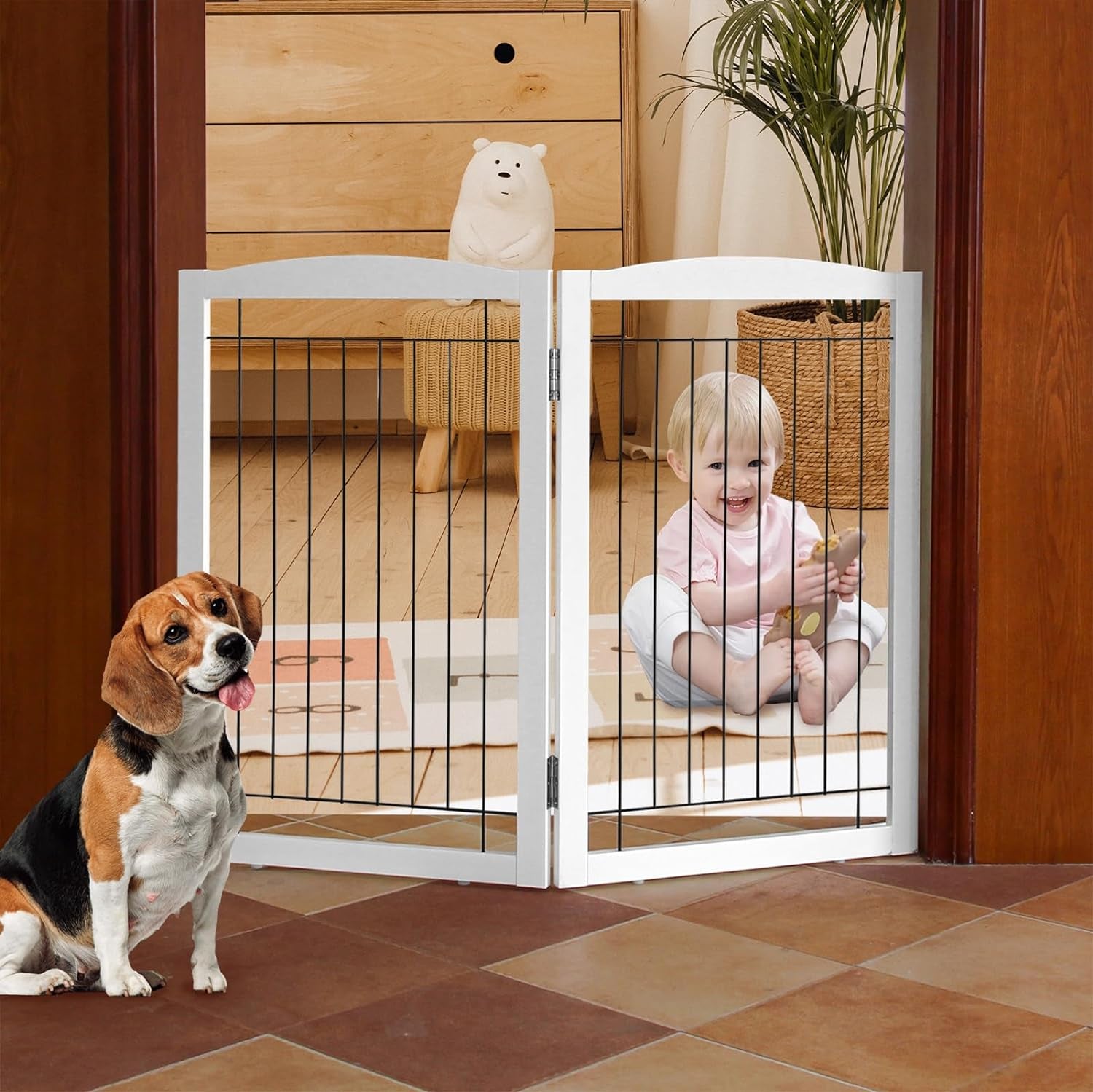 Freestanding Foldable Dog Gate - Extra Wide 3 Panel Wooden Pet Gate for Indoor Use, Tall Puppy Barrier for Doorways & Stairs