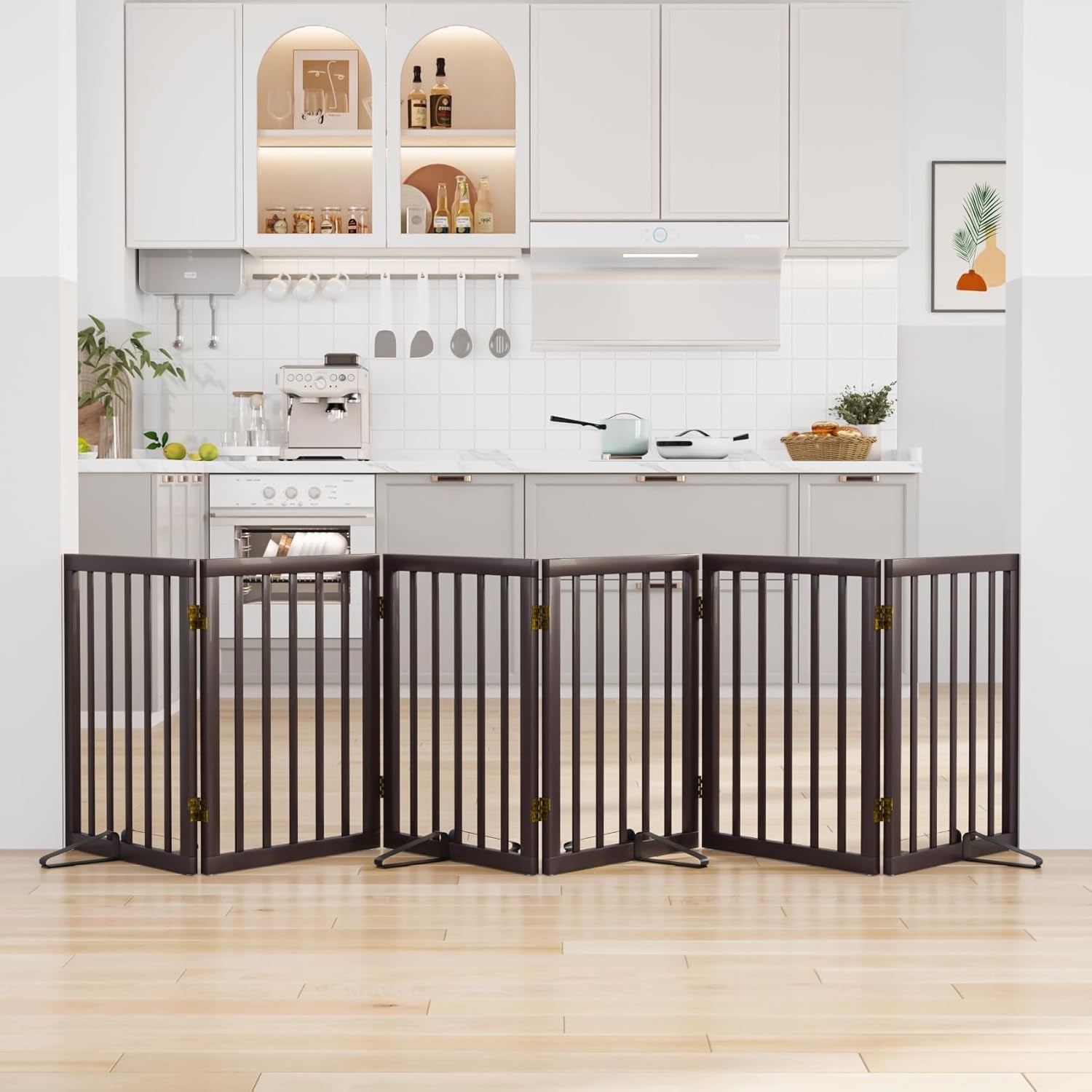 Wooden Foldable Dog Gate, Freestanding Multi-Panel Indoor Pet Gate, Extra Wide 24" Tall Dog Barrier
