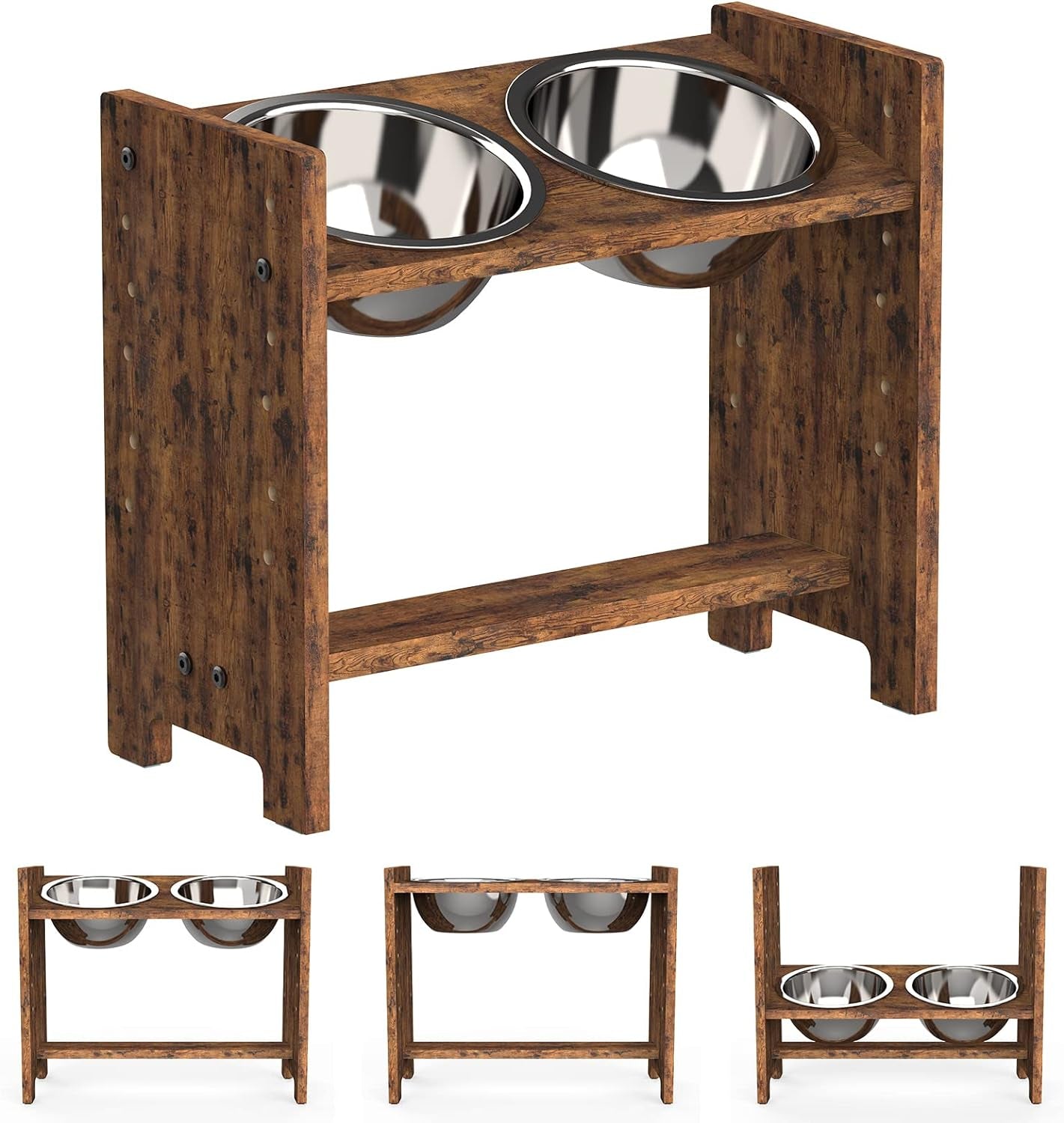 Vantic Adjustable Elevated Dog Bowls - Rustic Brown Particle Board Stand with 2 Stainless Steel Bowls & Non-Slip Feet,