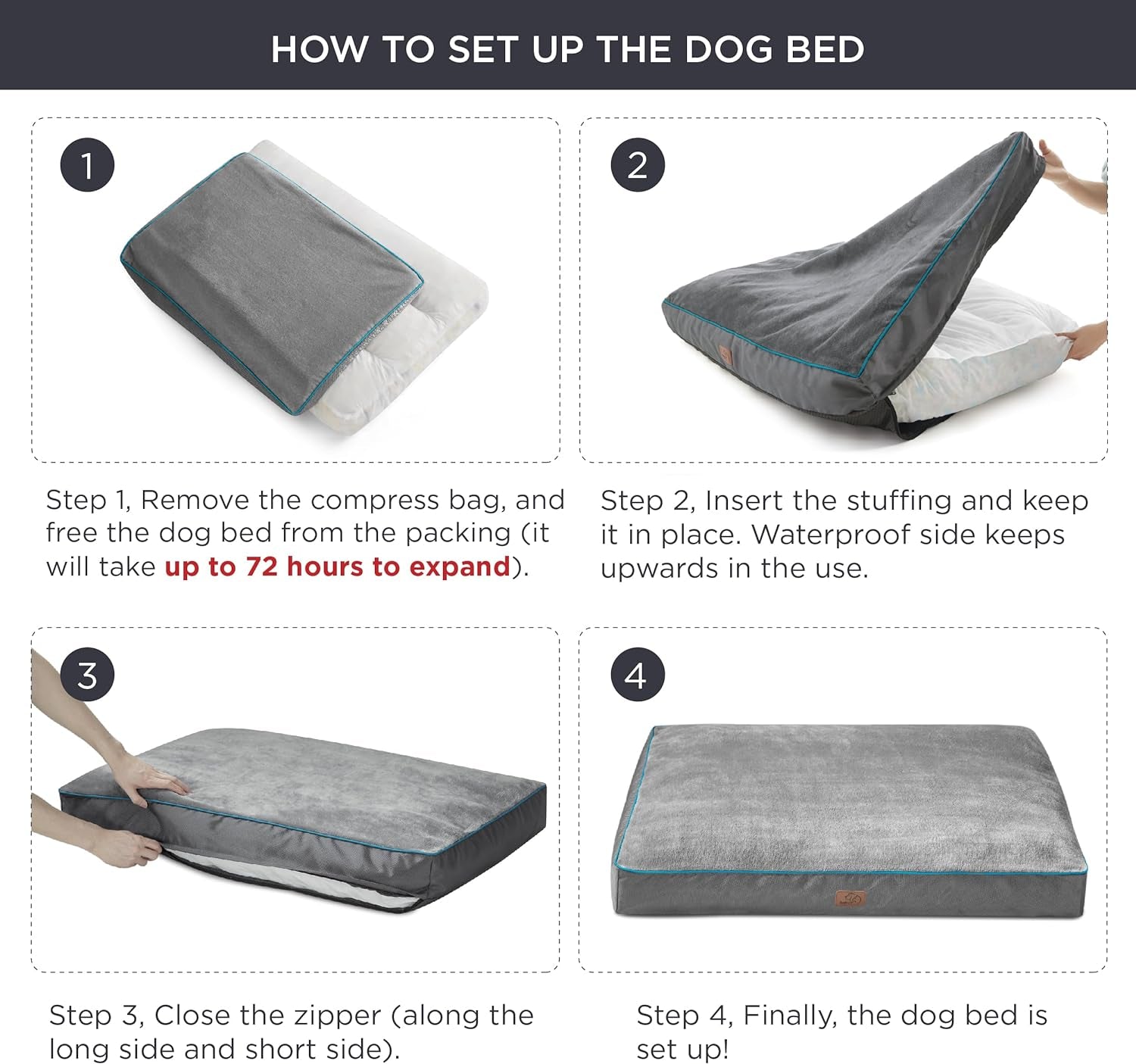 Bedsure Waterproof Large Dog Bed - 4 Inch Thick, Washable Cover, for Dogs up to 80lbs