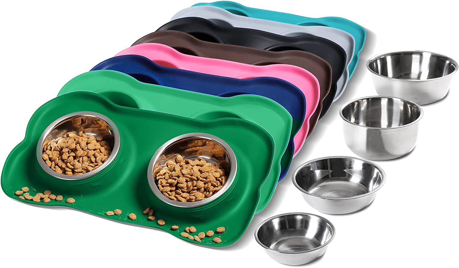 Hubulk 2 Stainless Steel Dog Bowls with Non-Skid Silicone Mat - Small, Pink, Includes Food Scoop