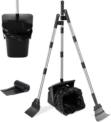 Dog Pooper Scooper Swivel Bin & Rake Set with Spade & 20 Bags, Long Handle Scoop