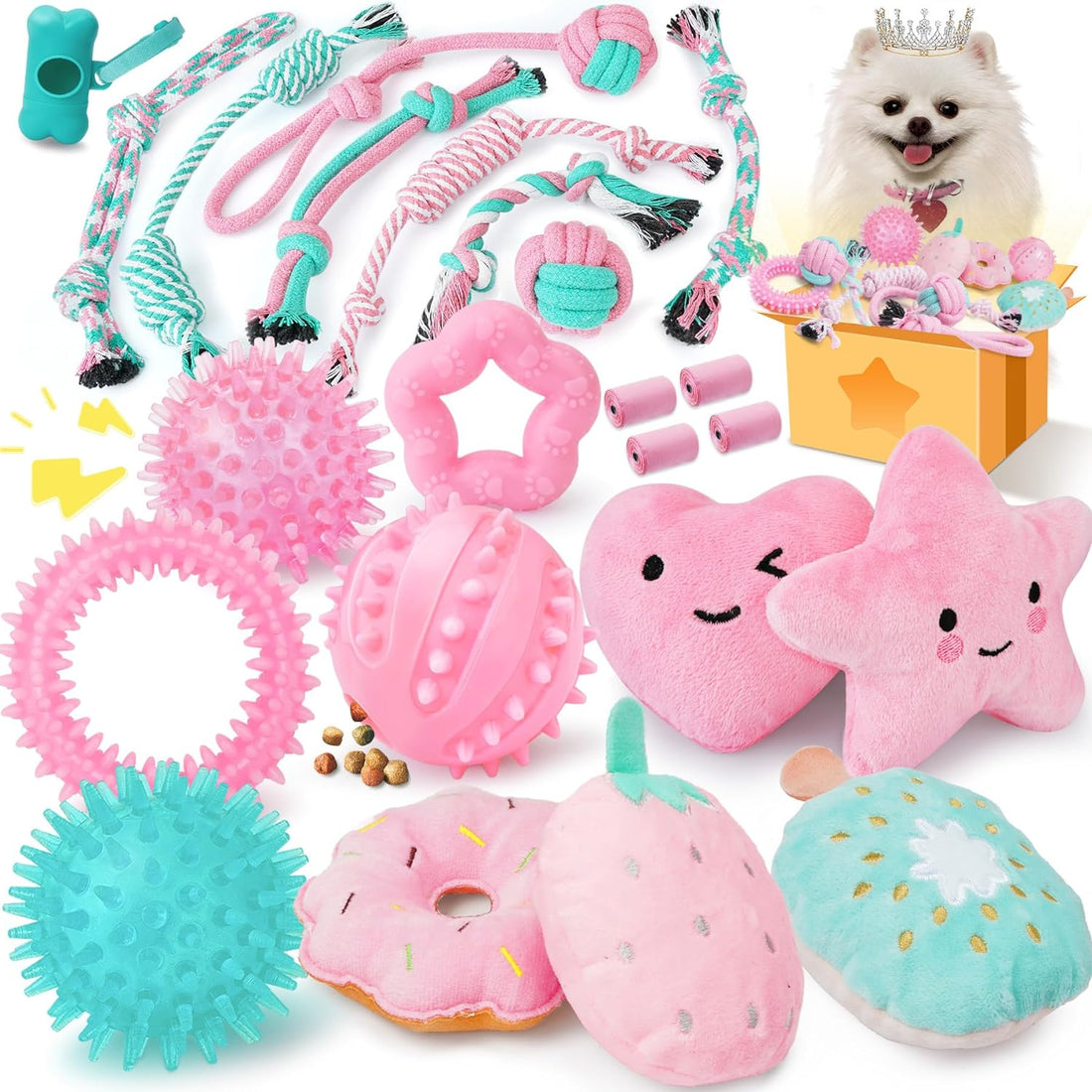 Pink Puppy Toys for Boredom - 23 Pack Puppy Chew Toys for Teething, Interactive Dog Toys for Puppies, Cute Small Dog Toys with Treat Ball, Squeaky Dog Chew Toys and Ropes