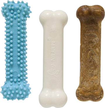 Nylabone Puppy Triple Pack - Blue Teething Toy, Nylon Chew, & Tasty Treats in Chicken & Bacon Flavors - Perfect for Small Dogs