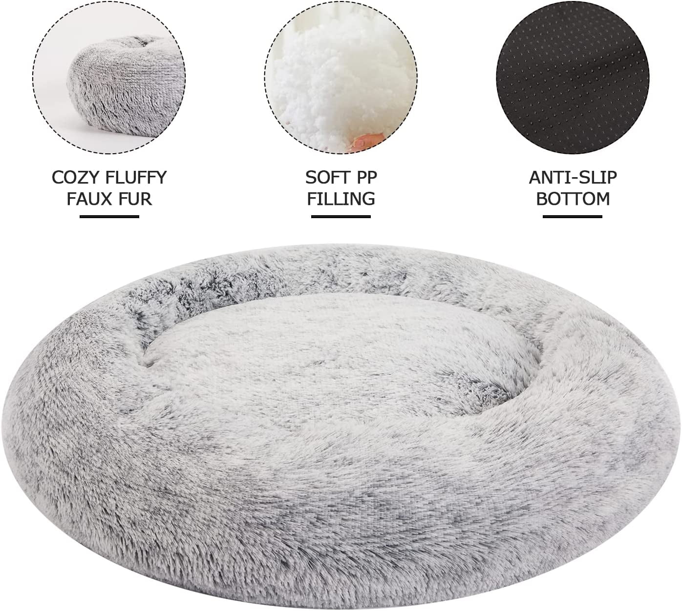 Calming Donut Dog Bed, 36" - Fluffy, Anti-Anxiety, Washable for Large Dogs - Various Colors & Sizes