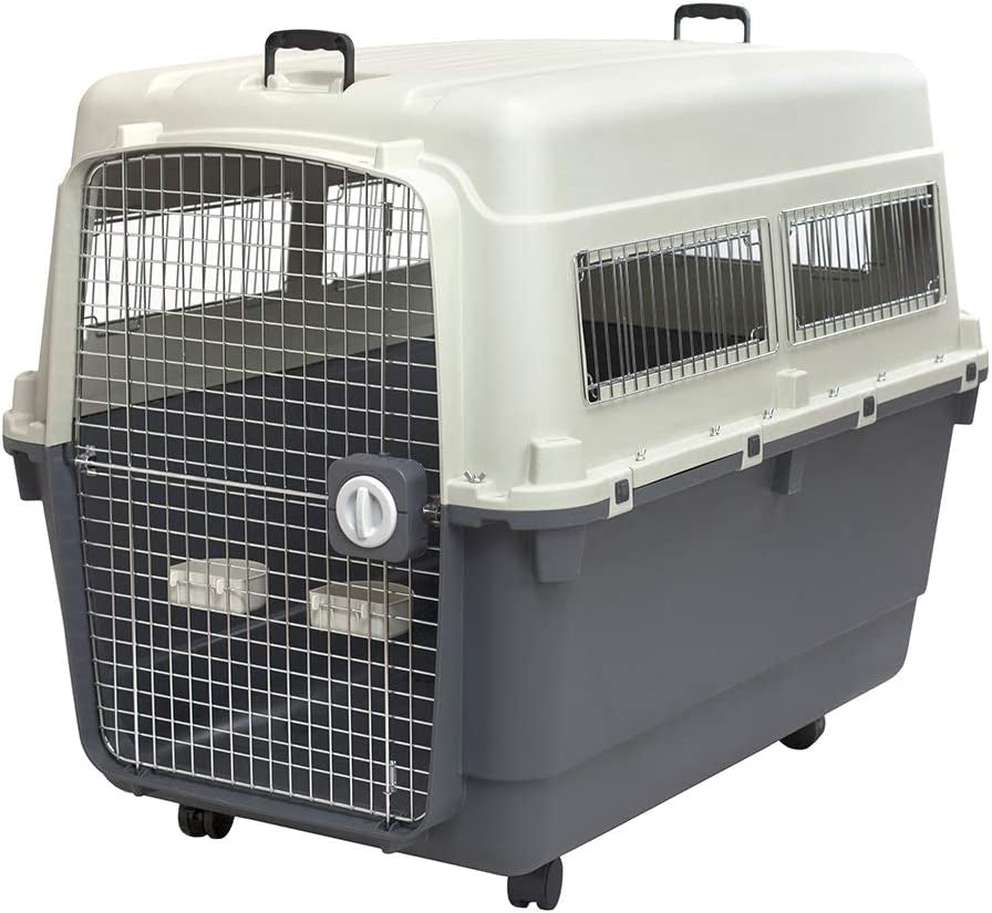 Sportpet Rolling Plastic Travel Dog Crate - Medium Gray Kennel with Wire Door, Portable & Durable, Perfect for Safe Pet Travel