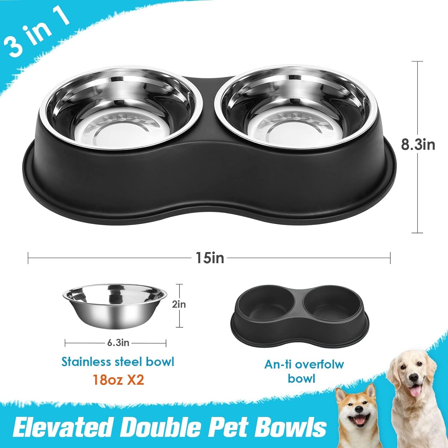 Double Dog Bowls - Stainless Steel, Non-Slip Resin Station, for Puppies, Medium Dogs