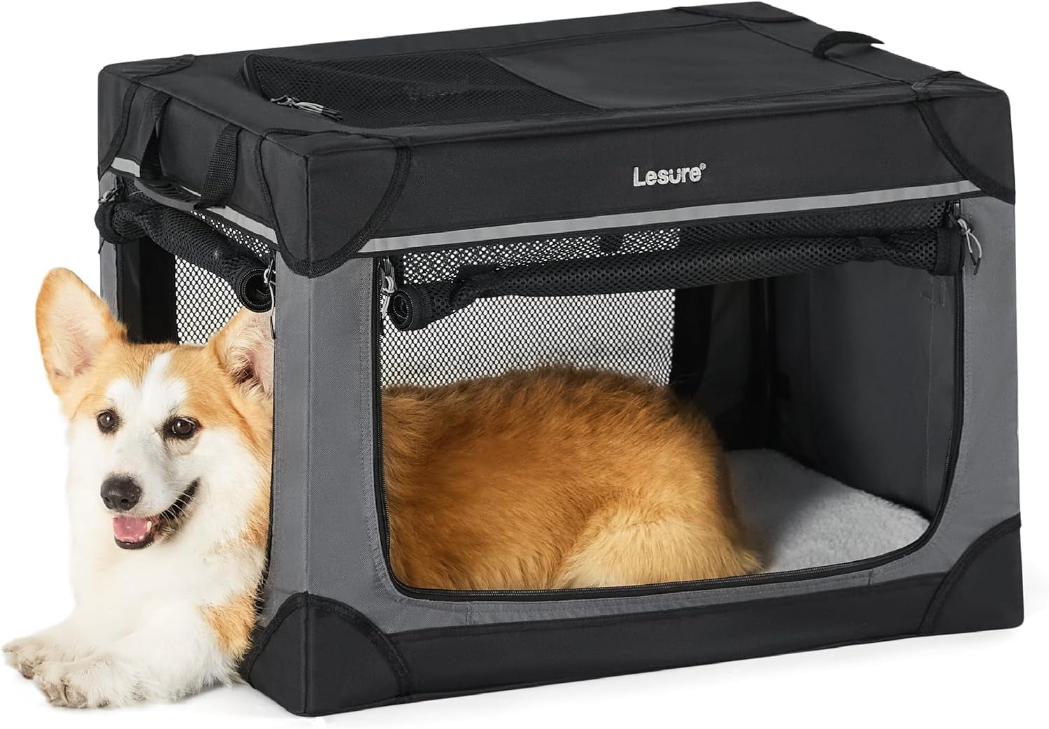 Lesure Soft Collapsible Dog Crate – 4-Door Portable Foldable Travel Kennel with Durable Mesh for Large Dogs, Indoor & Outdoor Use