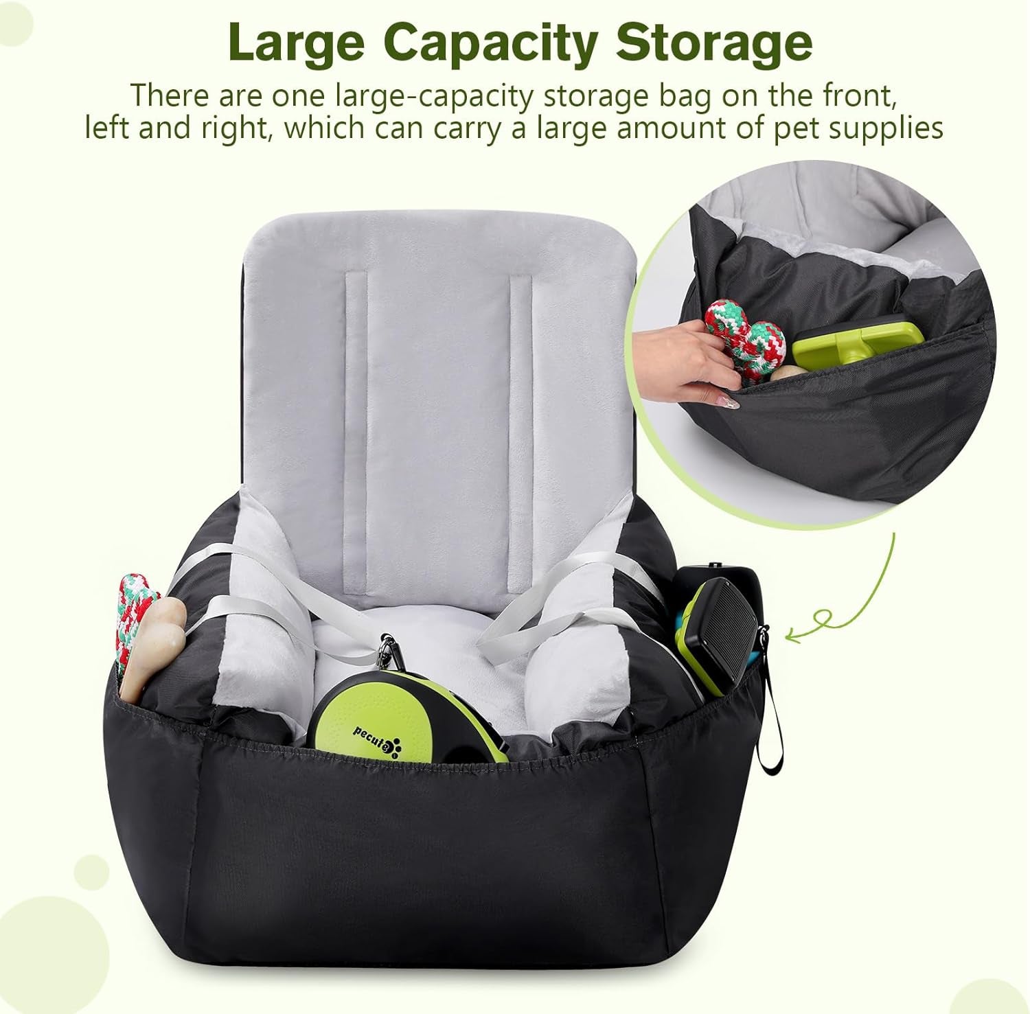 Dog Car Seat - Soft Booster Seat with Storage Pockets, Detachable & Washable Travel Bed, Clip-On Seat Belt