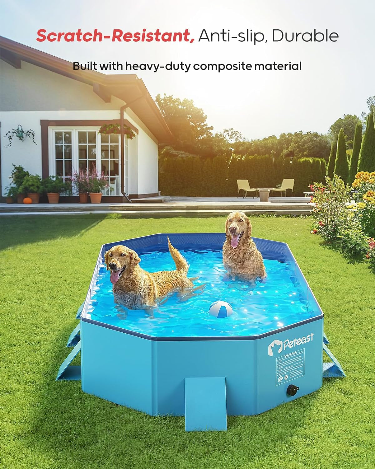 Peteast Foldable Dog Pool, Scratch Resistant, Octagonal, 71"L x 39"W x 12"D, Extra Large, Portable