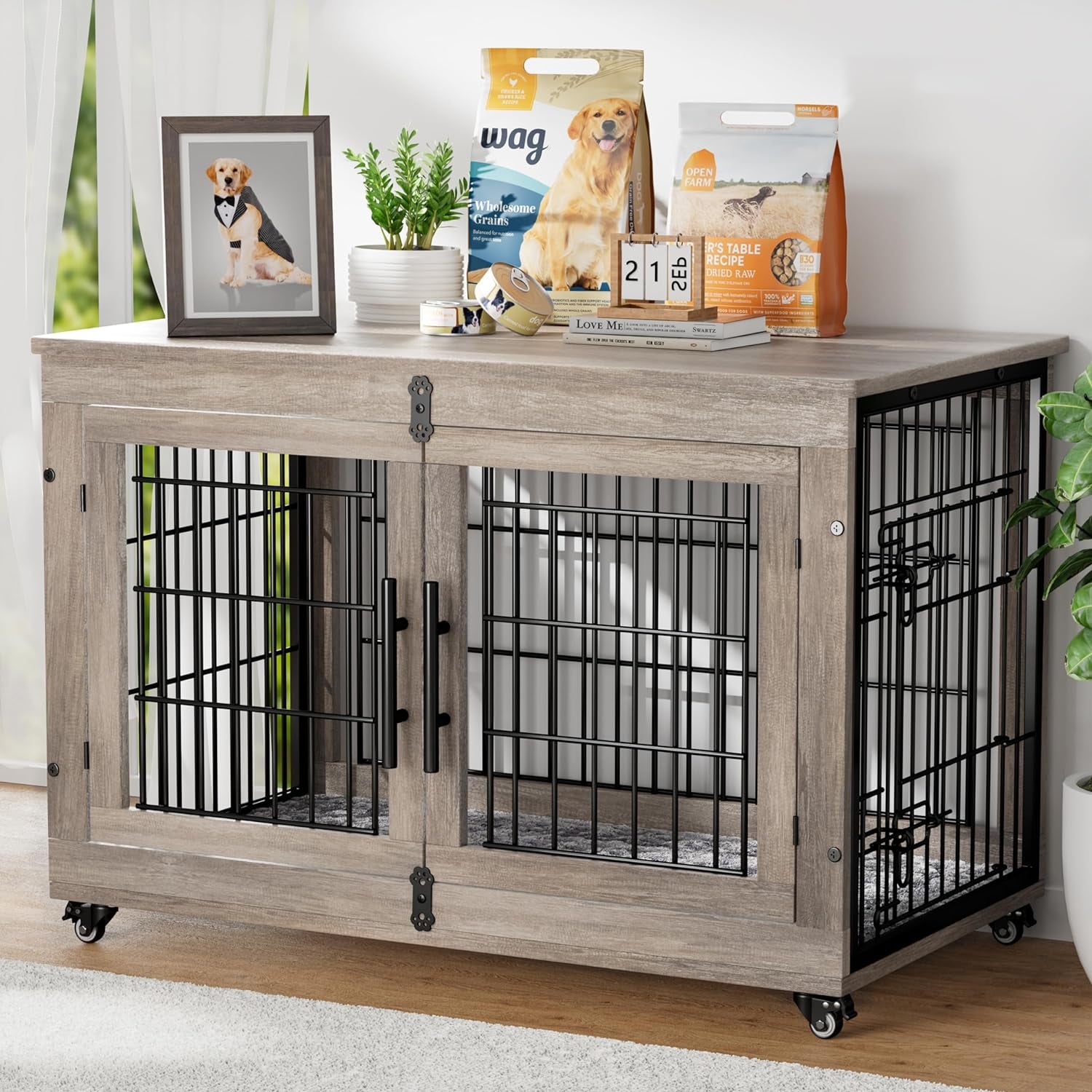 Wooden Dog Crate Furniture with Cushion – Stylish Double-Door Indoor Kennel, Wheeled Side Table for Small-Medium Dogs Up to 45 Lbs