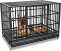 Heavy Duty Dog Crate with Wheels - Escape-Proof Steel Kennel for High Anxiety Dogs, Double Door & Tray, Extra Large XXL