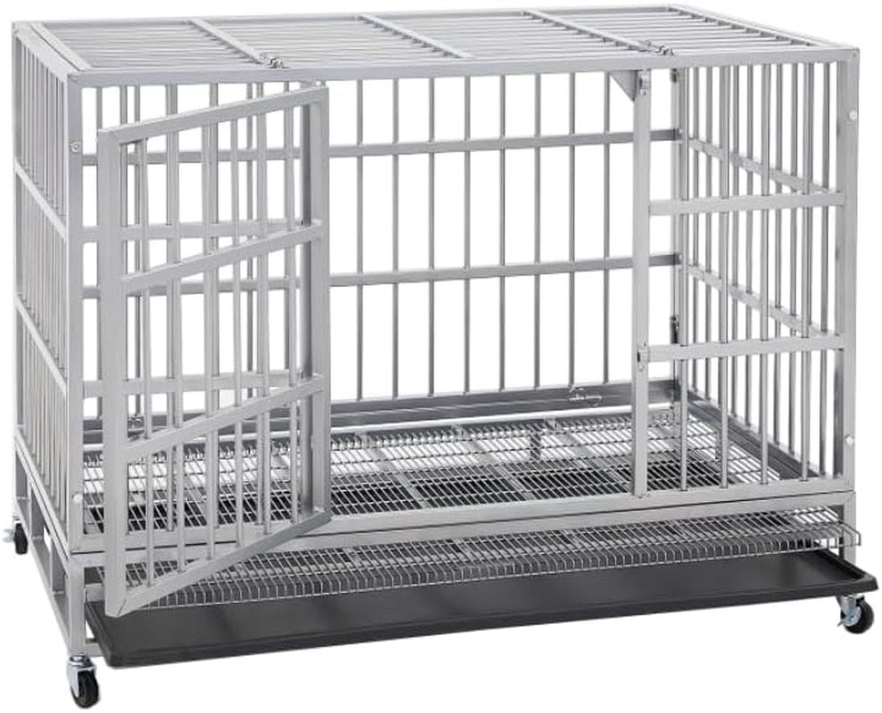 Heavy-Duty Indestructible Dog Crate – Escape-Proof Cage with Removable Trays, Wheels, Double Door, XL Size for Large Dogs