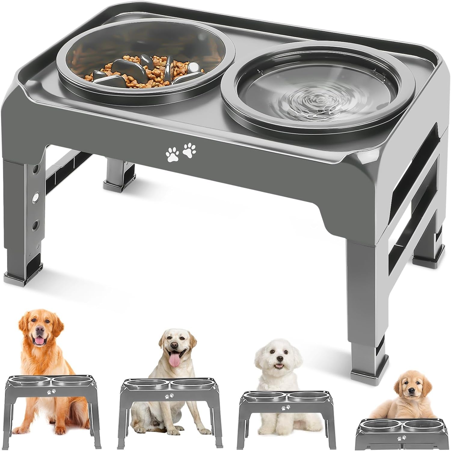 4-Height Adjustable Elevated Dog Feeder: 2-in-1 Slow Feeder & Water Bowl, Anti-Dust, Black