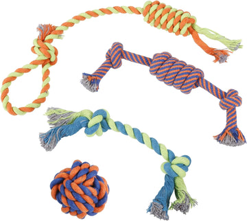 Dog Chew Rope Toys - 4-Piece Set for Aggressive Chewers, Large & Small Dogs - Includes Ball, Tug-of-War & Fetching Bone