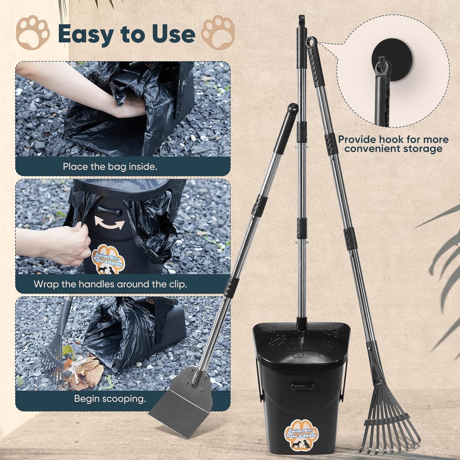 Dog Pooper Scooper with 40" Long Handle, Swivel Bin, Rake & Spade, Heavy-Duty Metal Scoop, 20 Waste Bags & Hook