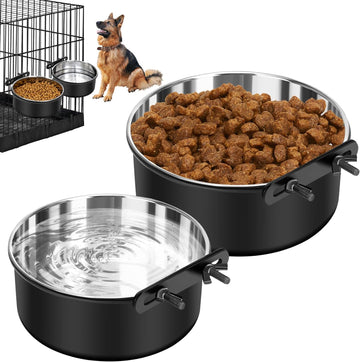 No-Spill Stainless Steel Dog Crate Bowls 2-Pack – Mountable Hanging Kennel Feeder Dishes for Water & Food