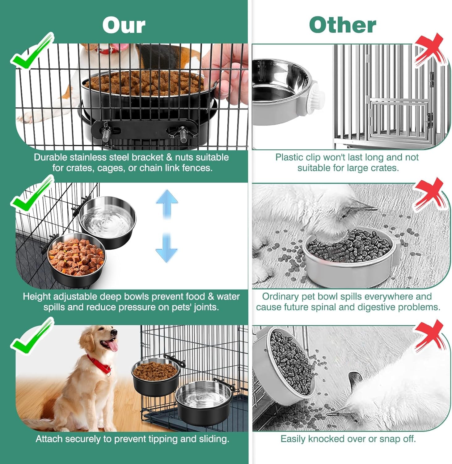 No-Spill Stainless Steel Dog Crate Bowls 2-Pack – Mountable Hanging Kennel Feeder Dishes for Water & Food