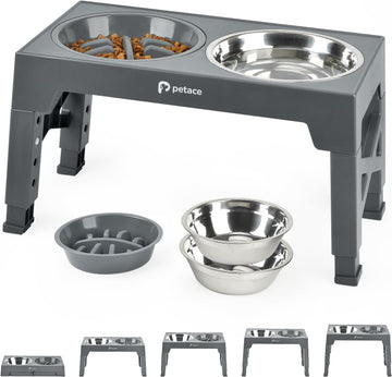 Adjustable Elevated Dog Bowls - Includes 2 Stainless Steel & 1 Slow Feeder Bowl, 5 Height Options, Grey