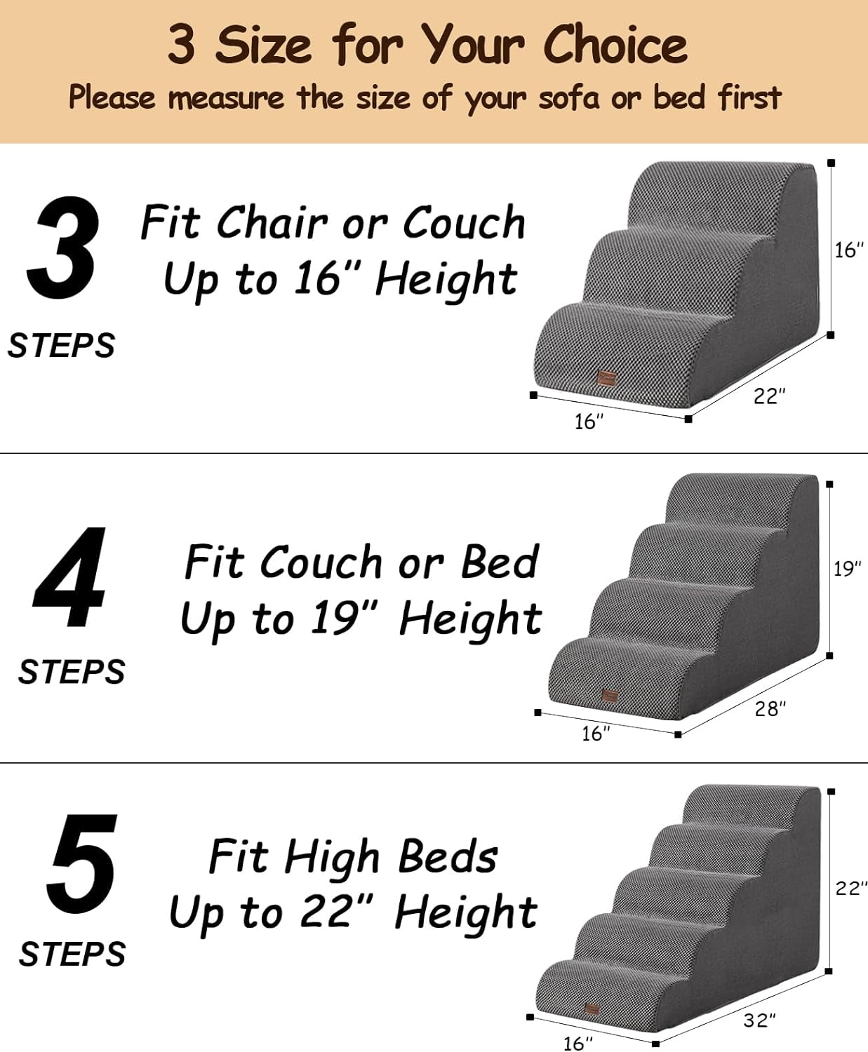 Dog Stairs 3-Step, Non-Slip for Small Dogs - Access Bed, Couch Easily - Indoor/Outdoor