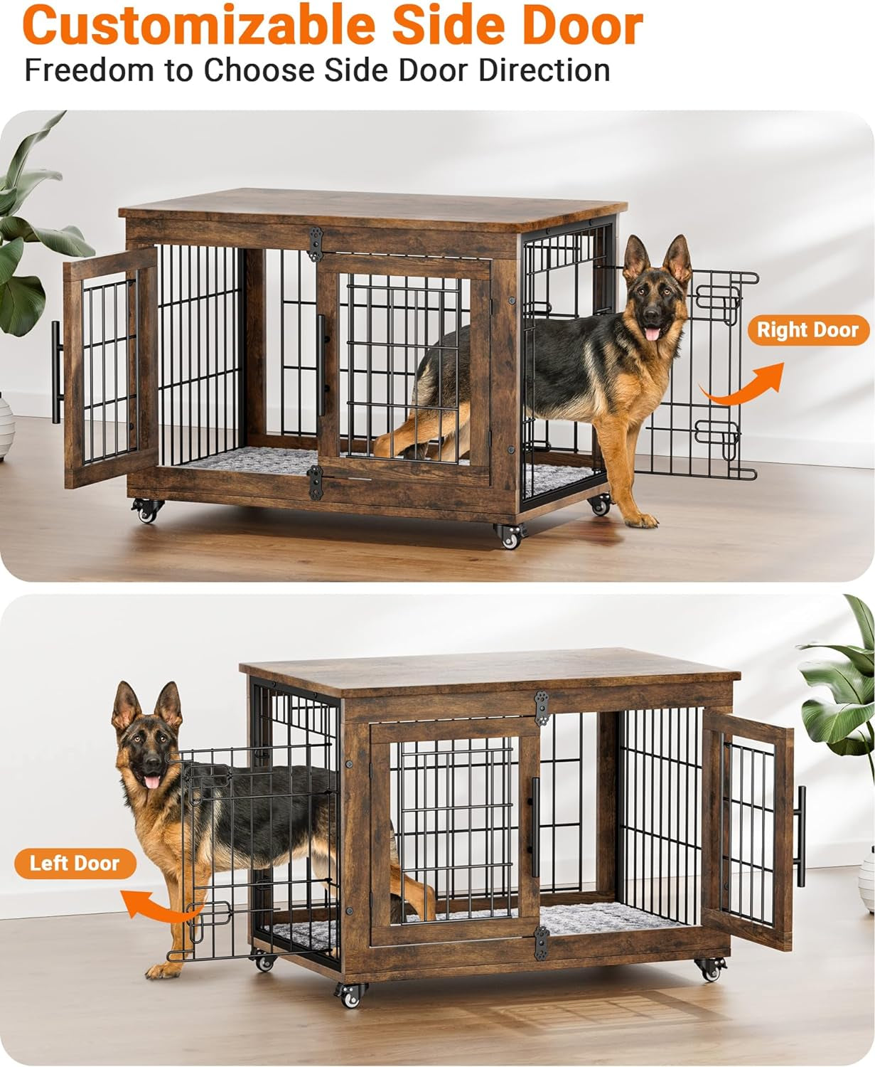 Wooden Dog Crate Furniture with Cushion – Stylish Double-Door Indoor Kennel, Wheeled Side Table for Small-Medium Dogs Up to 45 Lbs