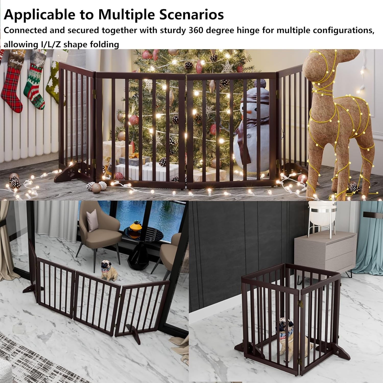 Wooden Foldable Dog Gate, Freestanding Multi-Panel Indoor Pet Gate, Extra Wide 24" Tall Dog Barrier