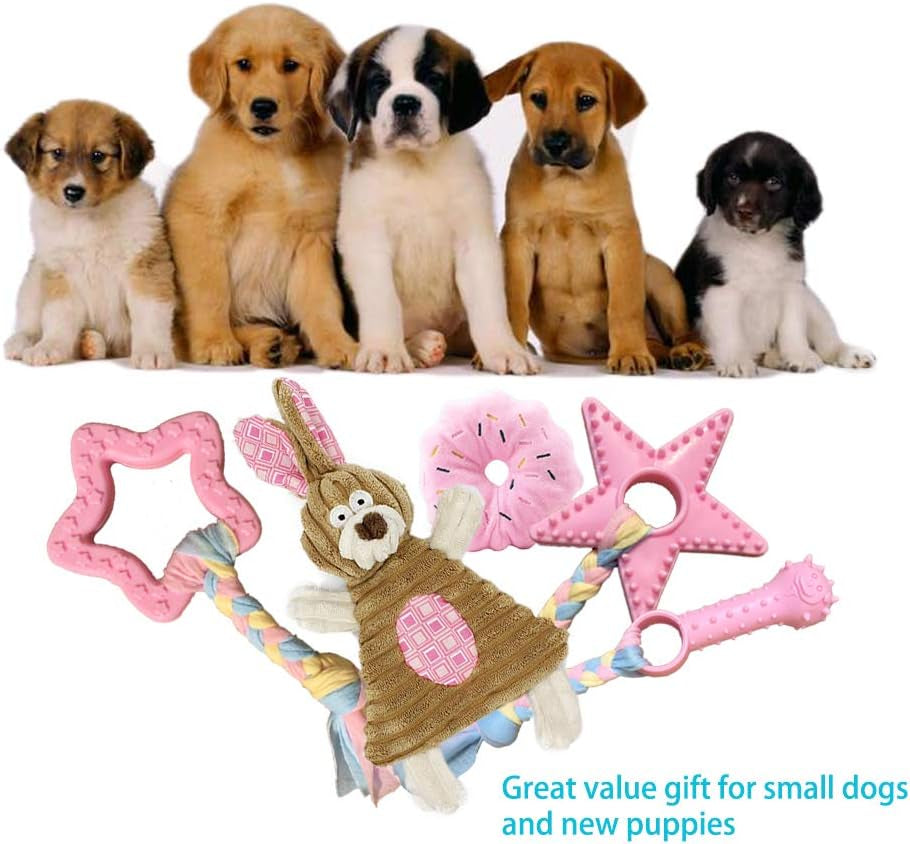 Teething Puppy Toys 5-Pack - Pink Crinkle & Chew Toys for Small Breeds