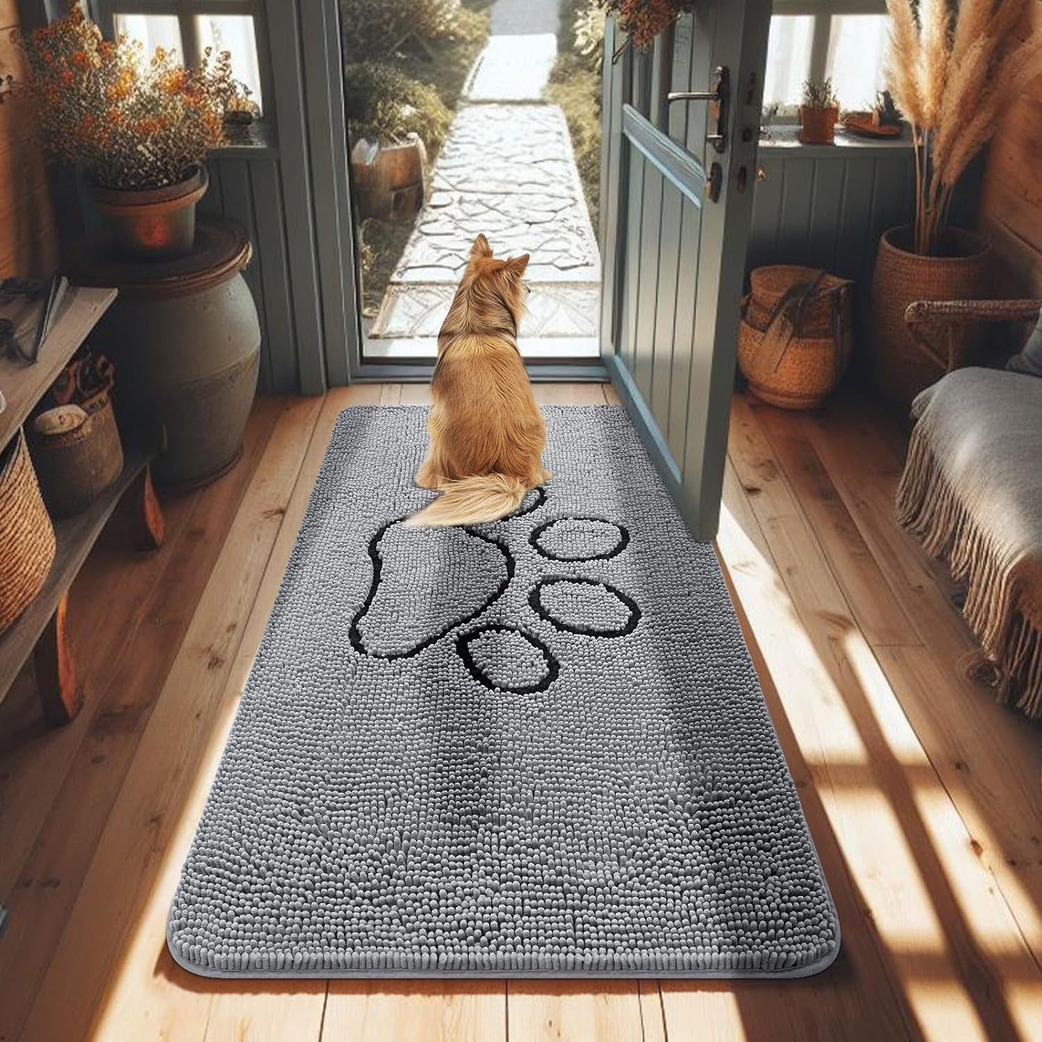 Absorbent Dog Door Mat for Muddy Paws, Non-Slip & Quick Dry Chenille, Washable, Traps Dirt & Moisture