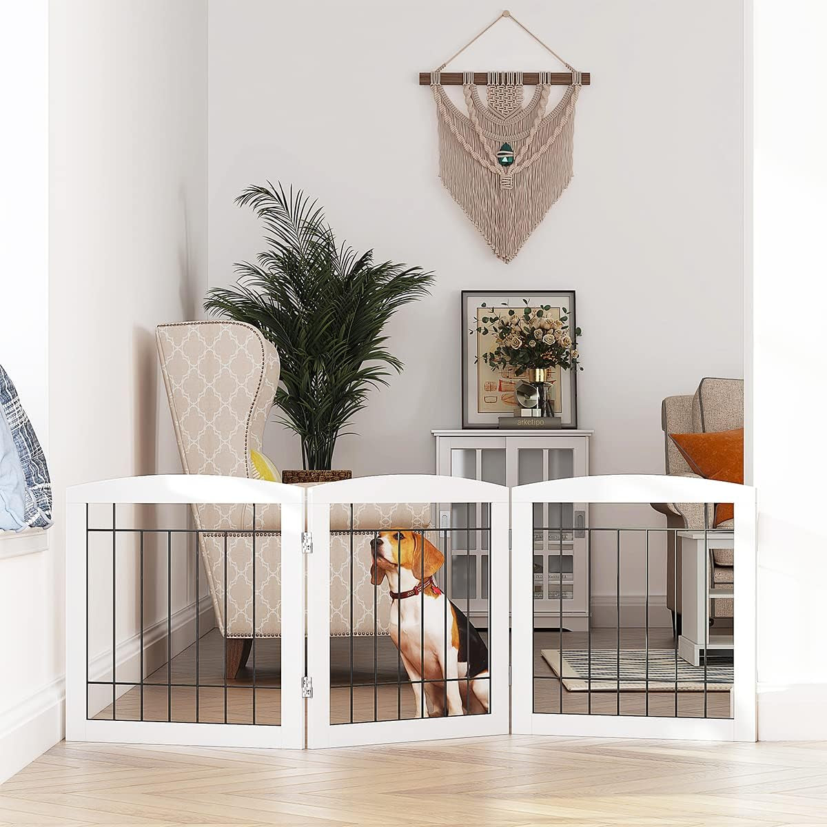 3-Panel Foldable White Wooden Dog Gate - Free Standing Indoor Barrier for Stairs & Doorways, Easy to Step Over