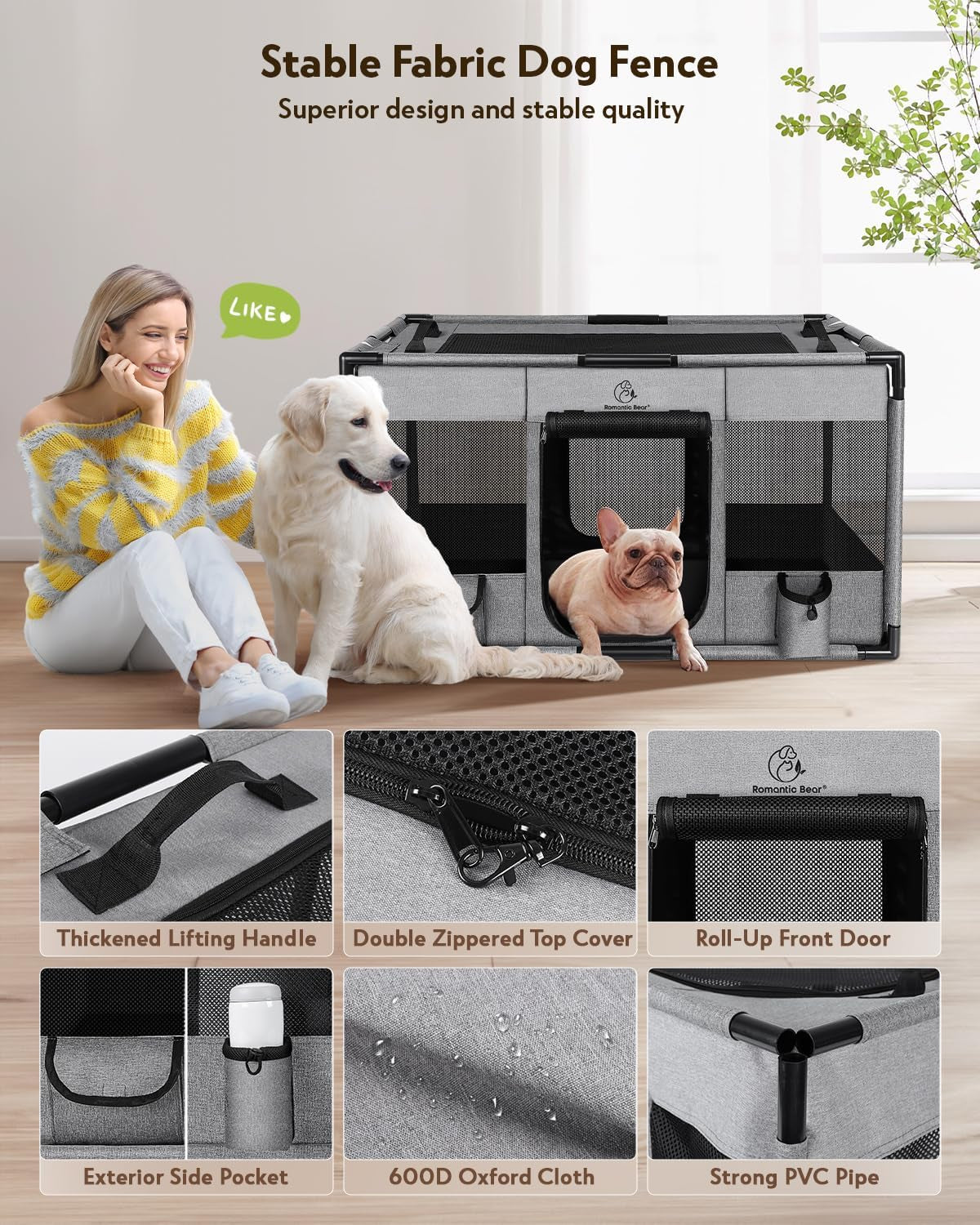 Fabric Mesh Dog Playpen - Portable Soft Kennel Crate with Breathable PVC Frame, Indoor/Outdoor Exercise Pen