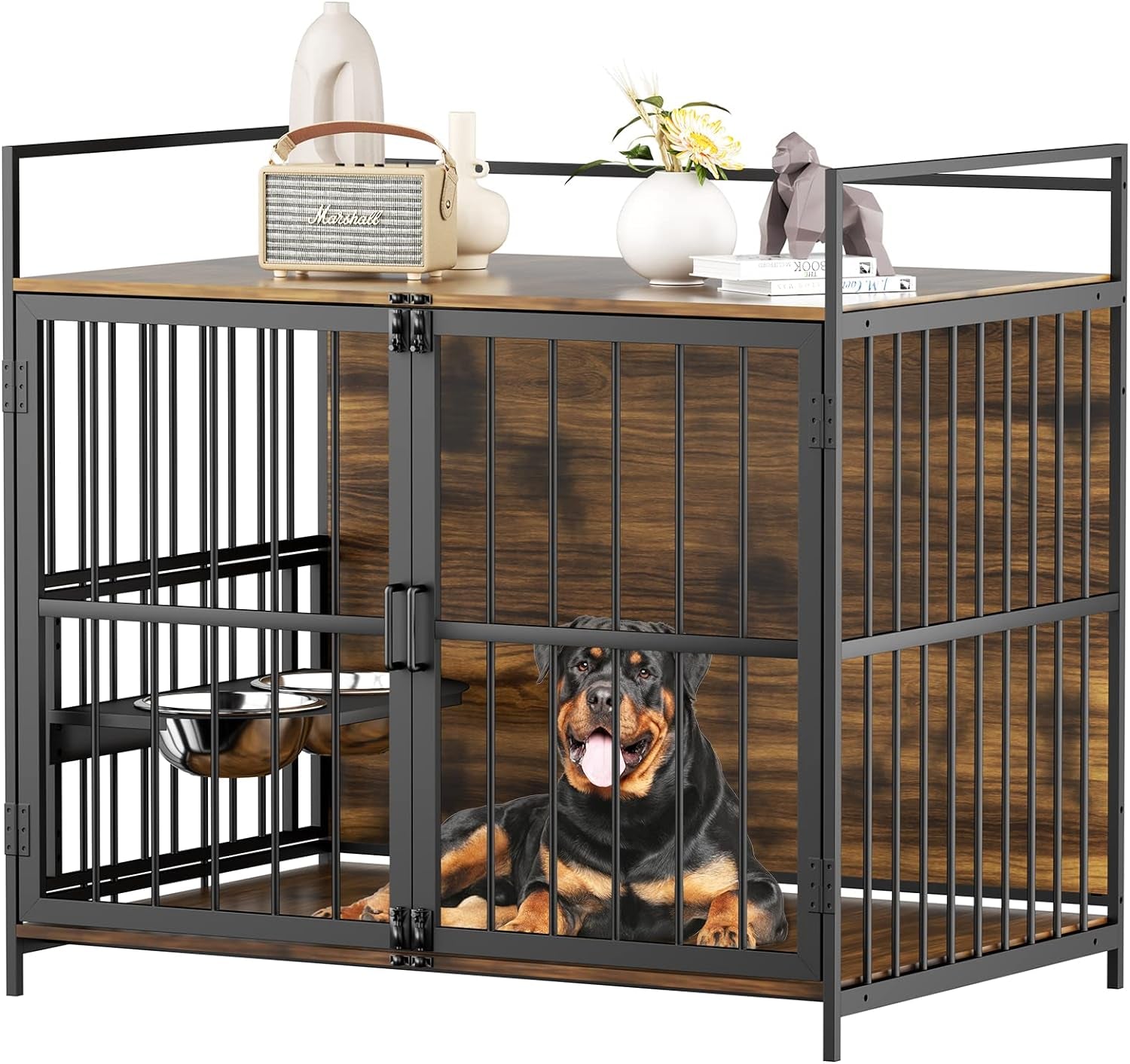 ROOMTEC Furniture Style Large Dog Crate with 360° Adjustable Feeder - Classic Brown End Table Crate with 2 Stainless Steel Bowls, 41"x24"x36"