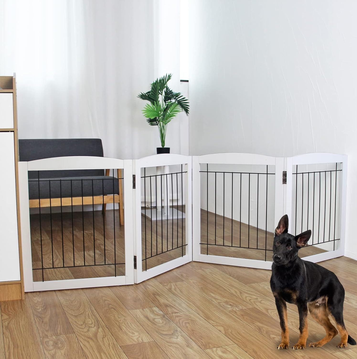 Freestanding Foldable Dog Gate - Extra Wide 3 Panel Wooden Pet Gate for Indoor Use, Tall Puppy Barrier for Doorways & Stairs