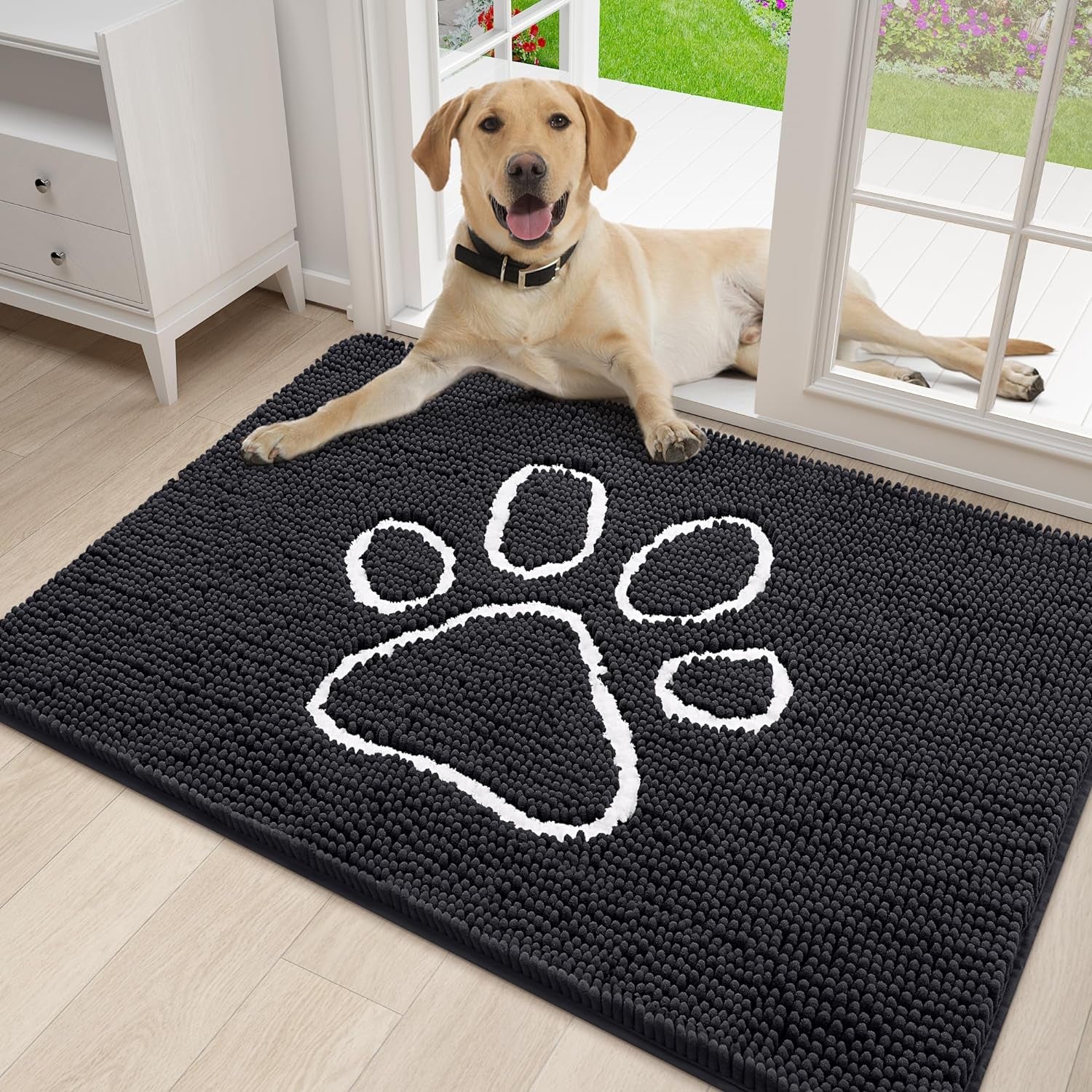 Absorbent Dog Door Mat for Muddy Paws, Non-Slip & Quick Dry Chenille, Washable, Traps Dirt & Moisture