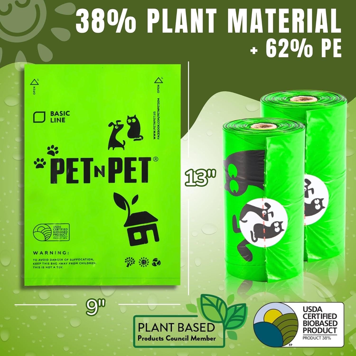 Dog Poop Bags - 38% Plant-Based, Leak-Proof, Unscented Waste Bags, Extra Thick