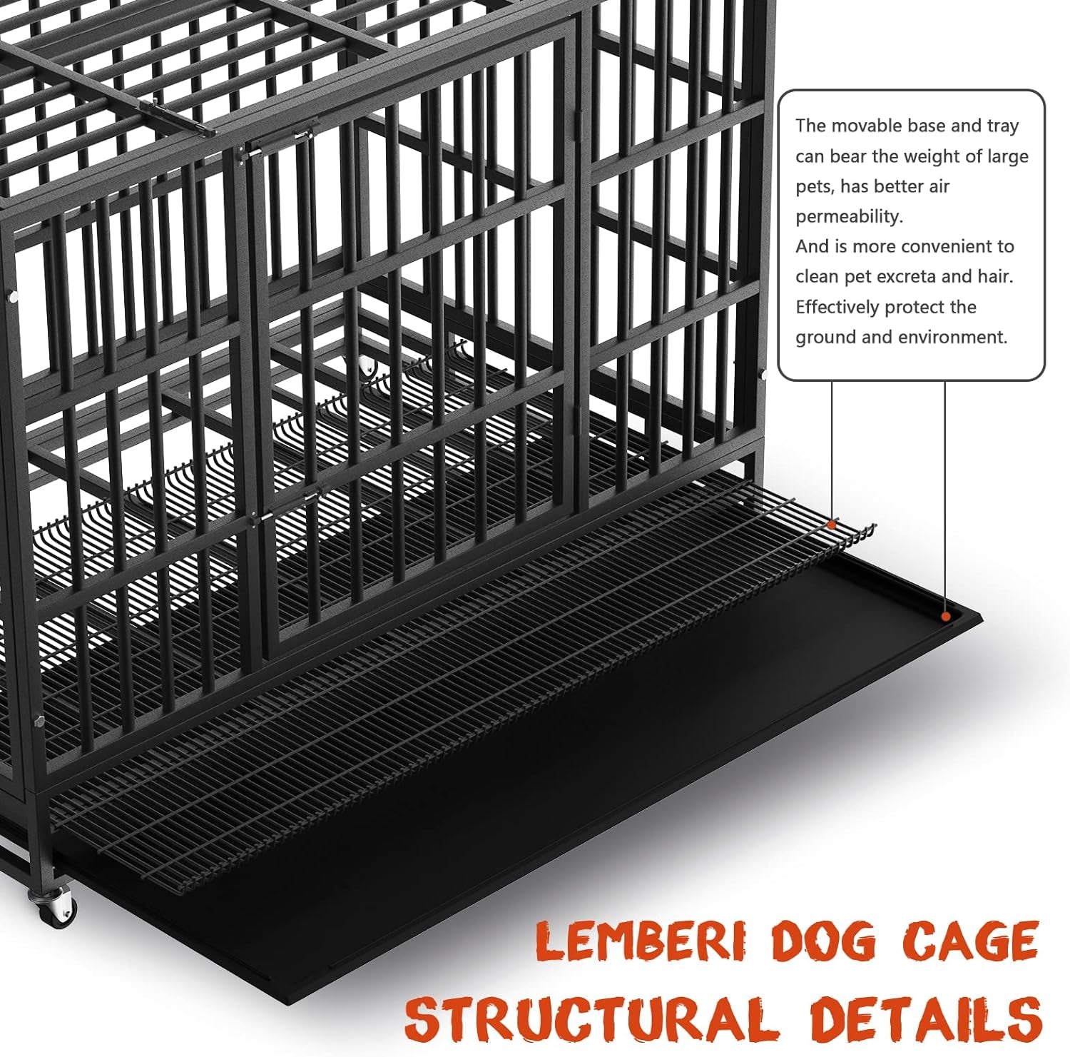 Lemberi Heavy-Duty Dog Crate – Escape-Proof, High-Anxiety Crate with Lockable Wheels, Double Doors, Removable Tray, Extra Large for Indoor Use