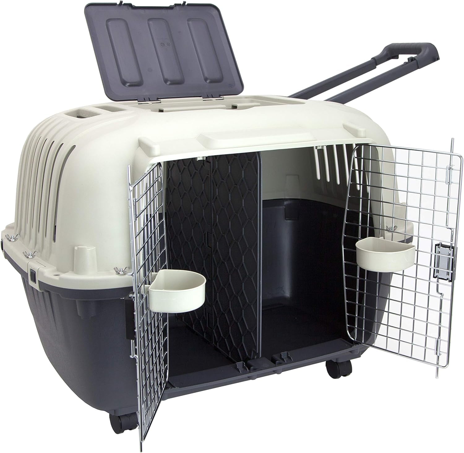 Sportpet Rolling Plastic Travel Dog Crate - Medium Gray Kennel with Wire Door, Portable & Durable, Perfect for Safe Pet Travel